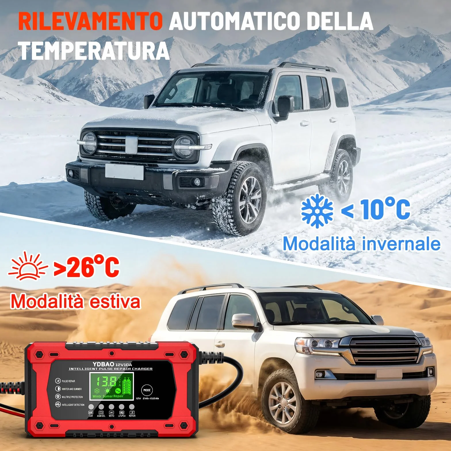 Caricabatterie Auto 10A 12V Multi Protezioni Intelligente Mantenitore con Schermo LCD per Moto Barche AGM LiFePO4