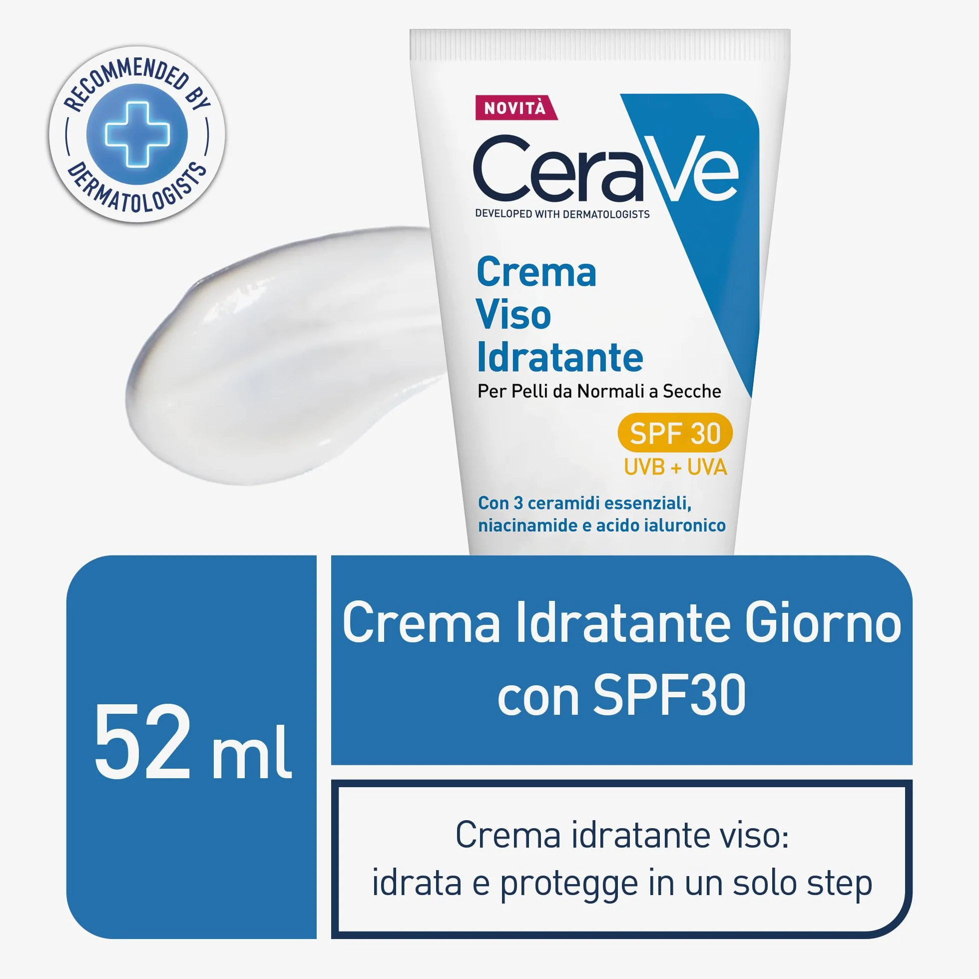 CeraVe Crema Idratante Viso SPF 30, Per Pelli da Normali a Secche, Idratazione Profonda, Ad Assorbimento Rapido, Con Protezione Solare SPF 30 e Acido Ialuronico, 52 ml