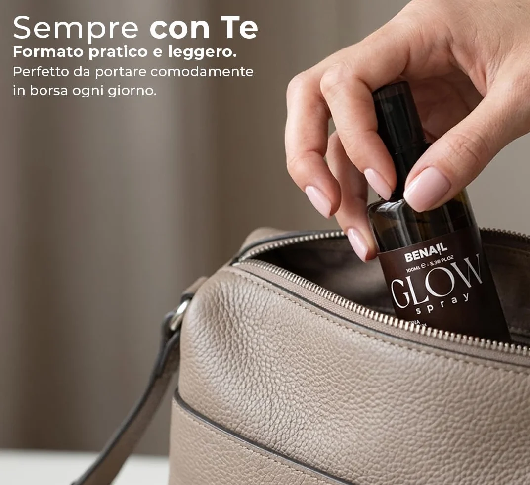 Benail | Glow Spray Idratante Mani e Unghie con Acido Ialuronico e Cheratina, crema mani antiage, Trattamento Cuticole Profumato, lentivo, idratante con Asciugatura Rapida, Made in Italy