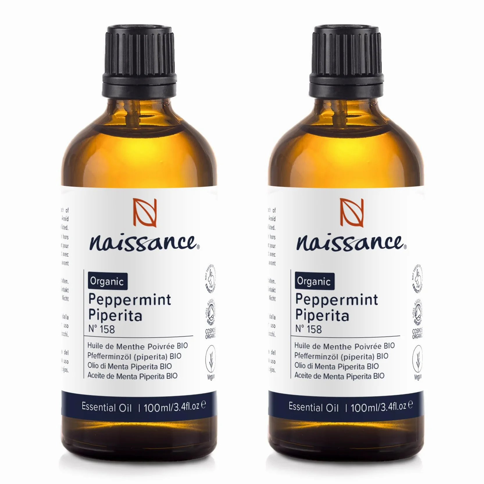 Naissance Olio Essenziale di Menta Piperita Biologico (No. 158) - 200ml (2x100) - Puro, Naturale - per Aromaterapia, Miscele da Massaggio e Diffusori
