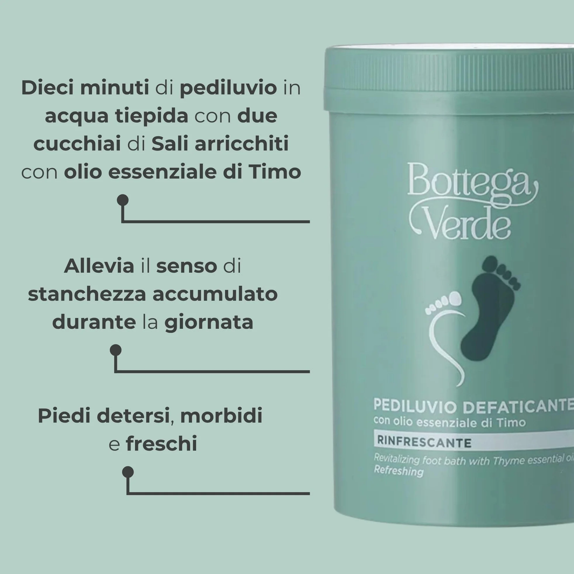 Bottega Verde - Pediluvio Defaticante, 250 g, con Olio Essenziale di Timo, Sali Rinfrescanti, Rilassanti e Rigeneranti per Piedi e Gambe