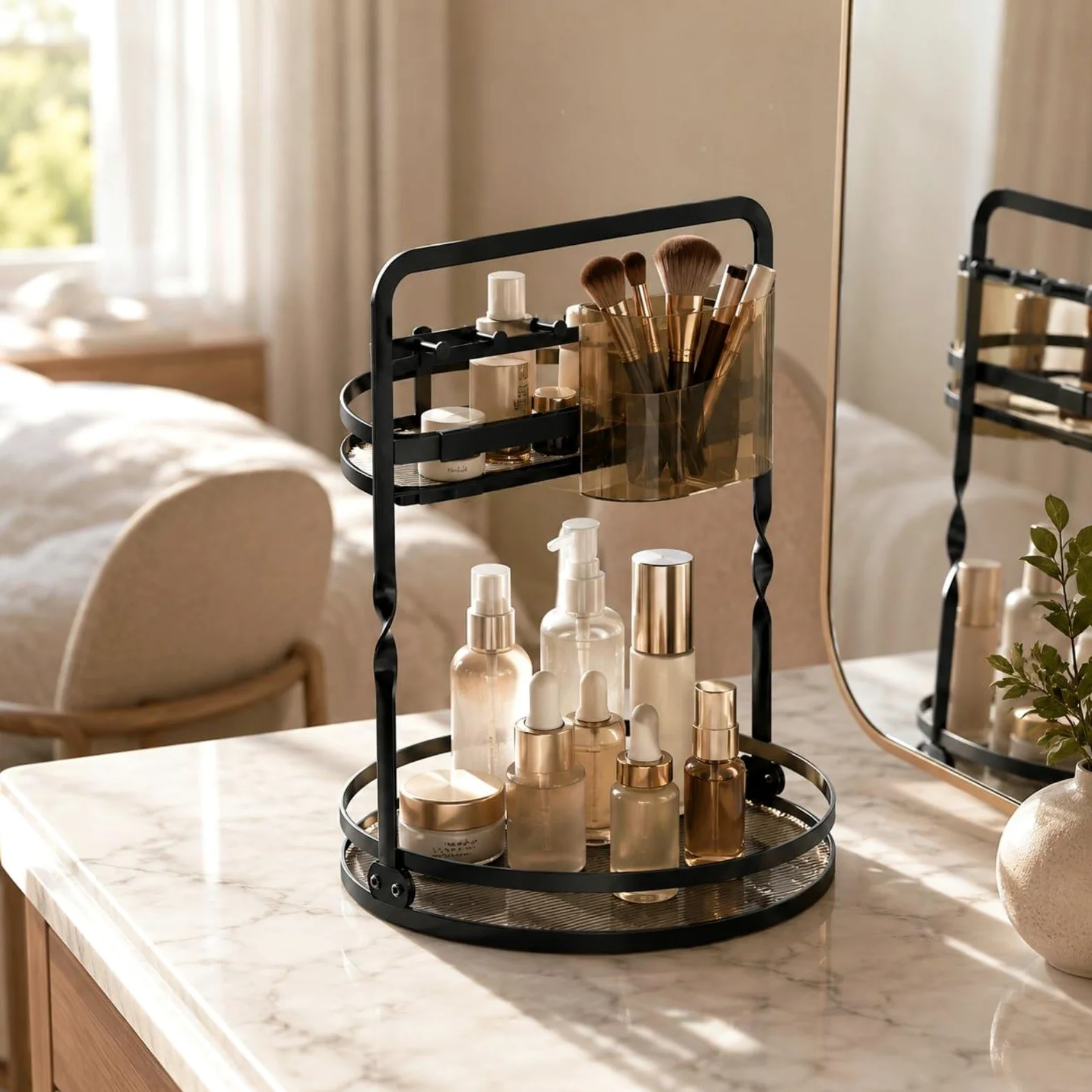 Vanity Organizer Organizzatore Trucco Portatrucchi Portapennelli Portaprofumi Rotante con Base Tonda in Metallo Due Livelli Ordine Rapido con, Nero, Style to 4