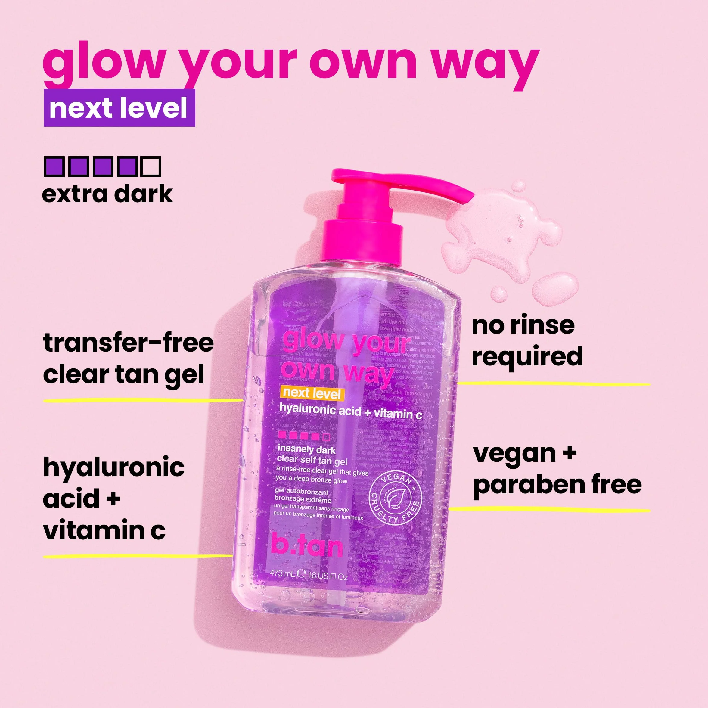 B.Tan Glow Your Own Way – Next Level Self Tan Gel for Women 16oz Gel
