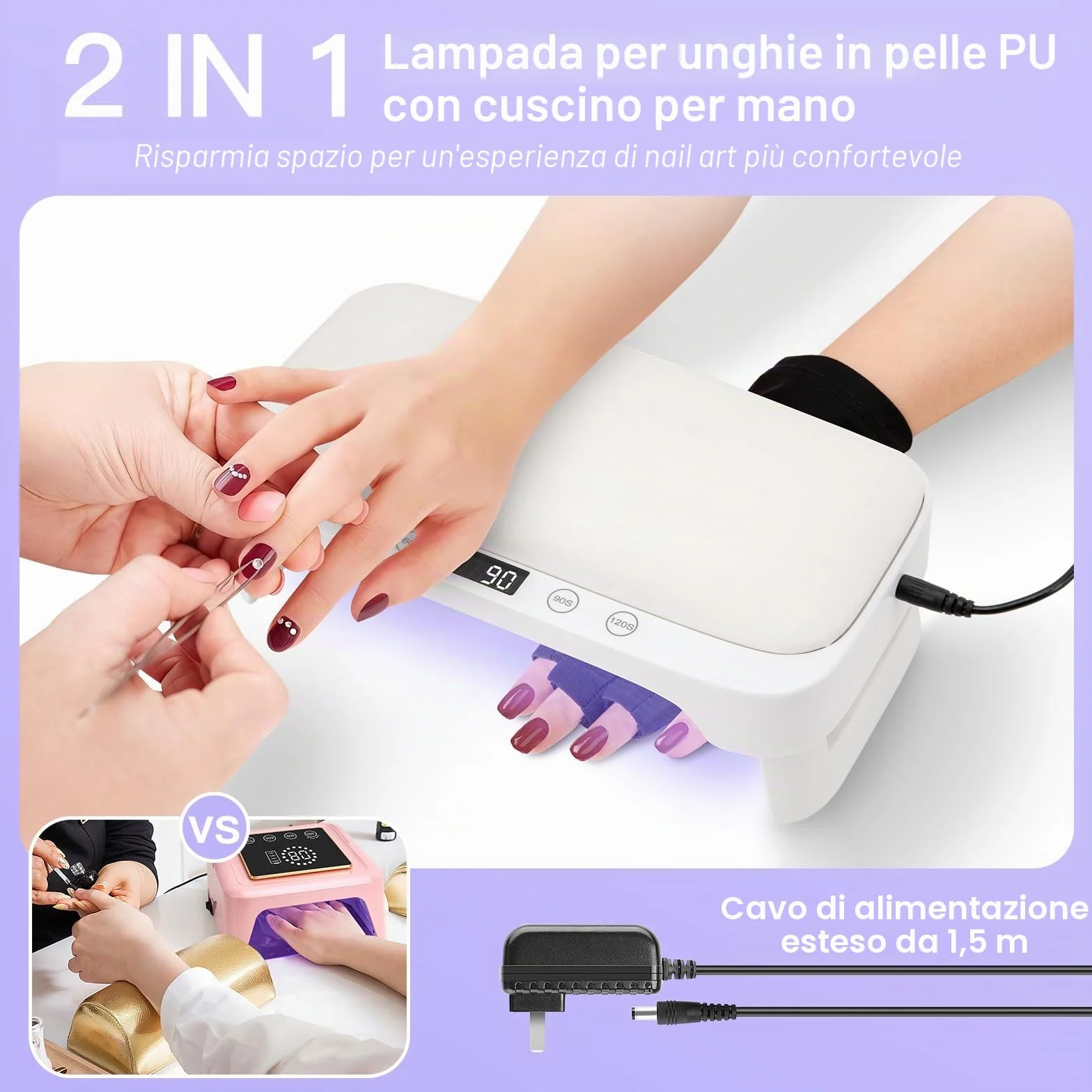 Lampada UV per Unghie con Bracciolo e Guanti UV: Professionale LED Lampada per Unghie, 4 Timer Asciugatrice Pieghevole con Poggiamano per Unghie Smalto Gel per Casa e in Salone, Bianco