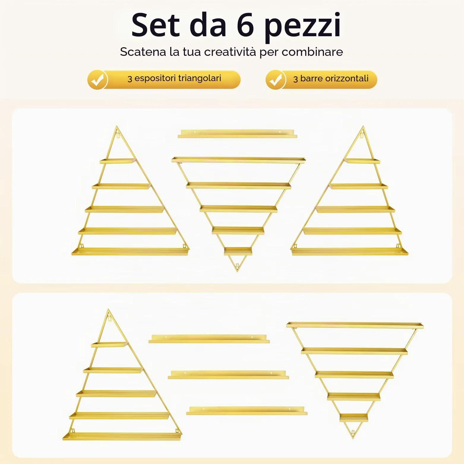 Set di 3 scaffalature triangoli metallo, organizer parete 5 livelli, contenitore unghie, profumo, rossetto, oli essenziali