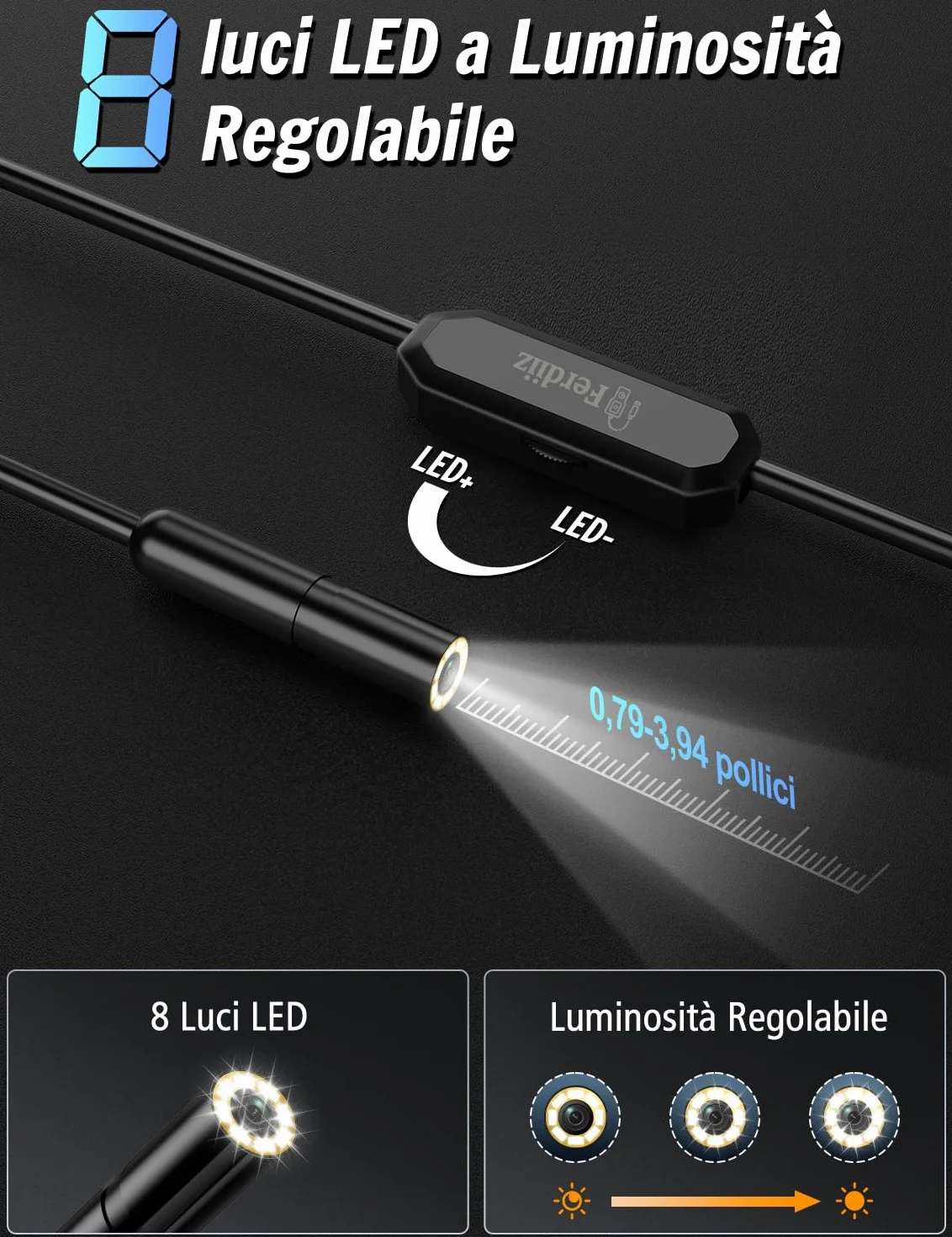 Endoscopio per Smartphone 1920P HD Sonda Telecamera Endoscopica con 8 LED IP67 Impermeabile 5m per Android iOS