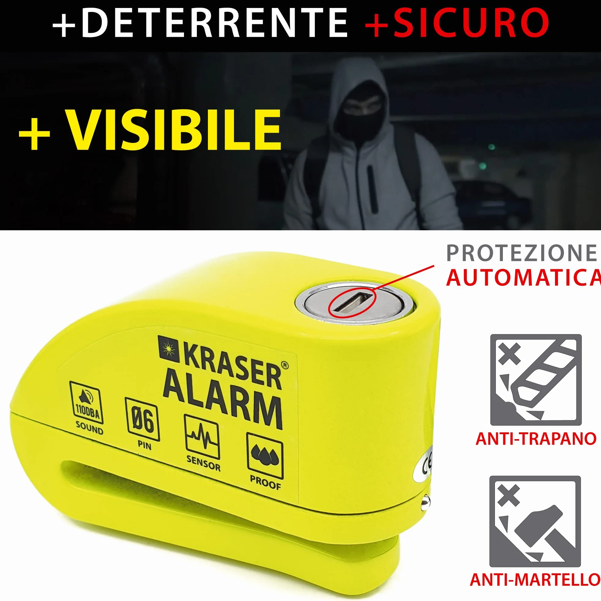 KRASER KR6Y Blocca Disco per Moto con Allarme 110dB, Antifurto Moto, Impermeabile, Cavo Reminder 1.5m Borsa