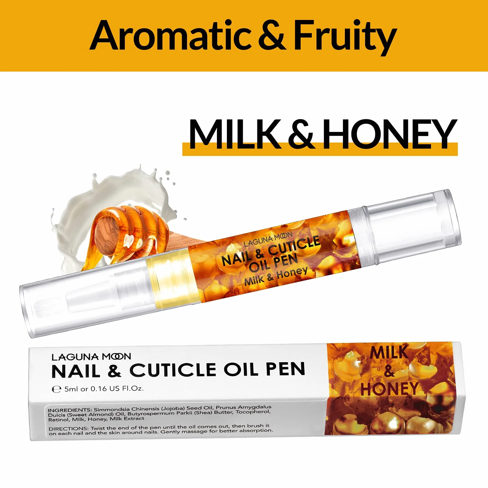 Lagunamoon - Penna a olio per cuticole per la cura delle unghie, 5 ml, con ingredienti naturali per idratare e nutrire unghie, per prevenire screpolature delle unghie, nocciole, latte e miele
