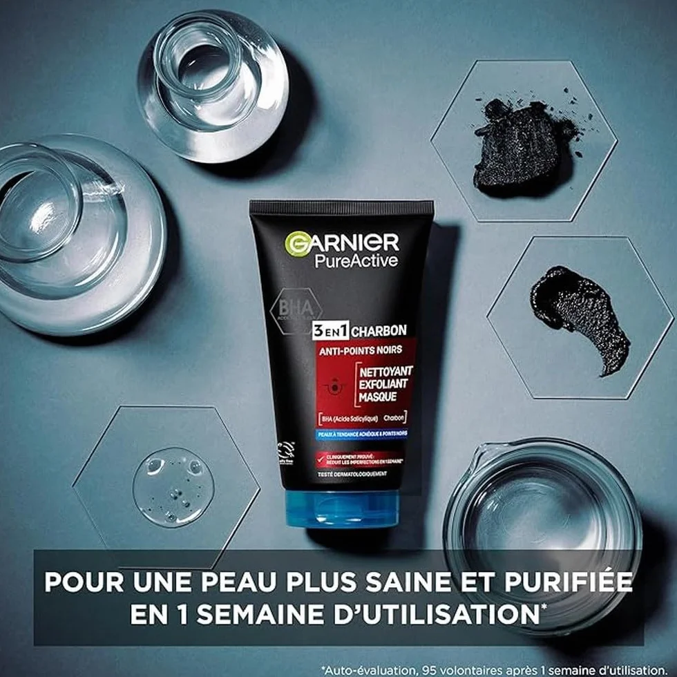 Garnier Maschera Punti Neri, Detergente e Scrub Viso Pure Active Intense 3 in 1 con Carbone Vegetale, 150 ml