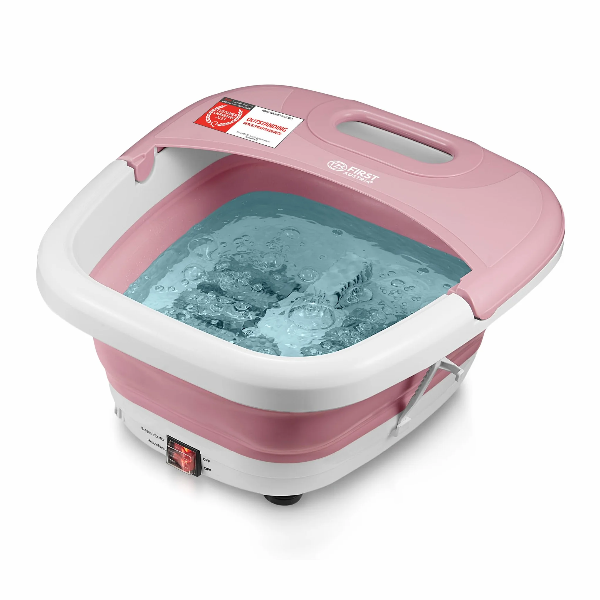 TZS First Austria - Idromassaggio Plantare 500W - Massaggiatore piedi con 3 accessori & 8 rulli - Massaggio a vibrazione & bolle d'aria, infrarossi & riscaldamento - Pieghevole fino al 47 - Rosa