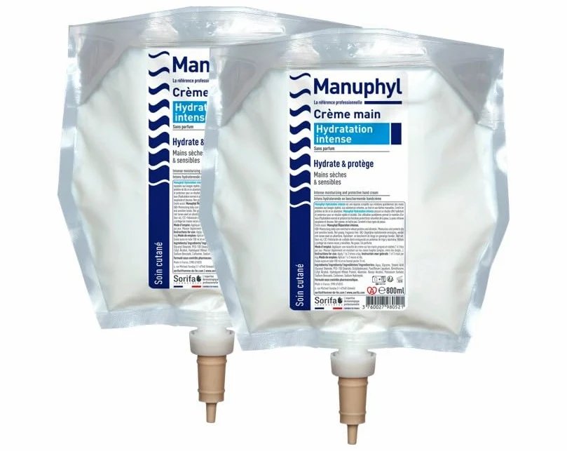 Set di 2 mani Manuphyl Crema Idratazione Intensa - Idratante e protettivo - Mani secche e sensibili - Non grassa, senza profumo, arricchito con allantoine e proteine del grano - Tasca 800 ml