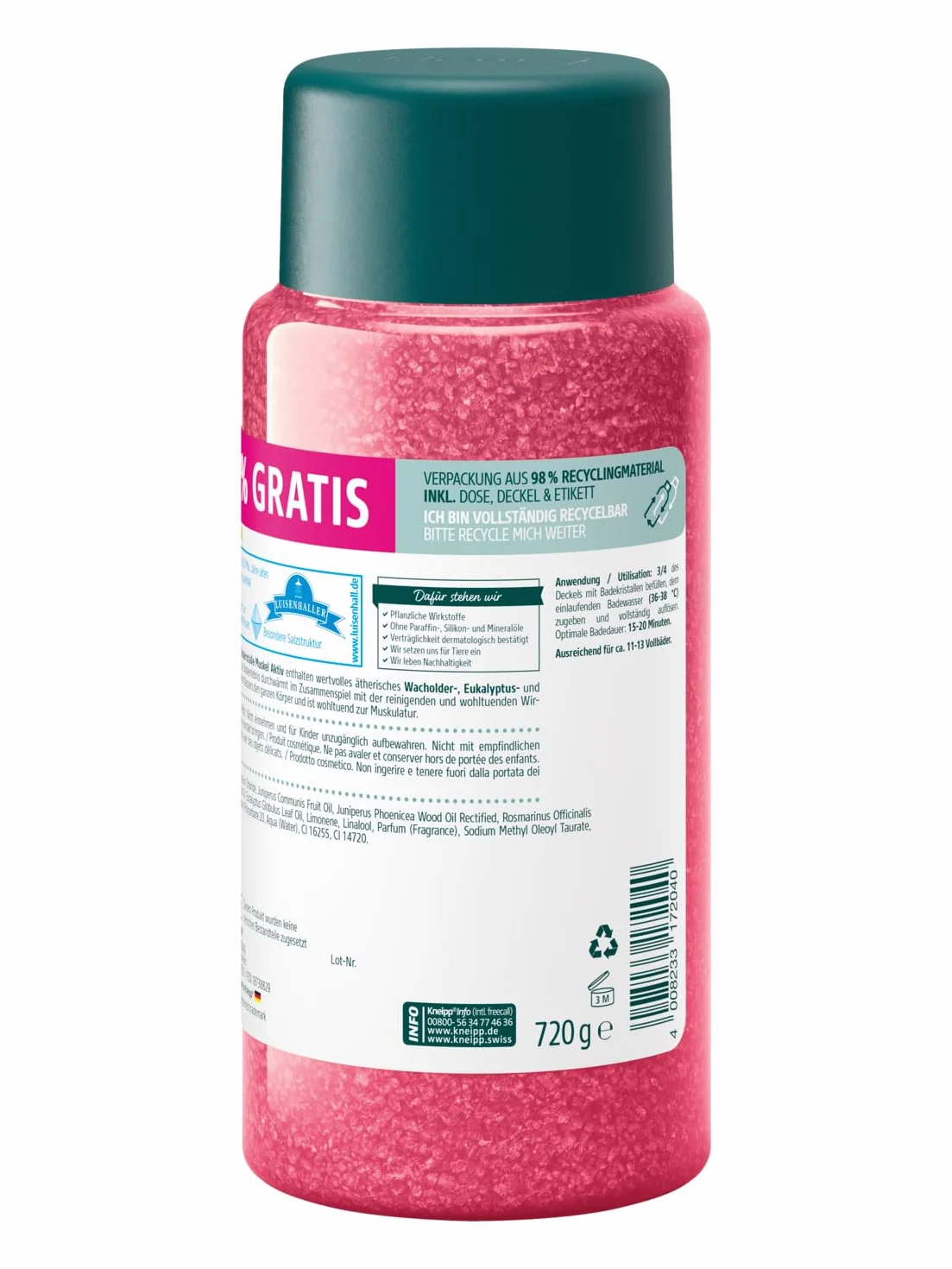 Kneipp Cristalli da bagno muscolare, misura speciale, con prezioso olio essenziale di ginepro, eucalipto e rosmarino, riscaldanti e benefici per la muscolatura, edizione limitata, 720 g