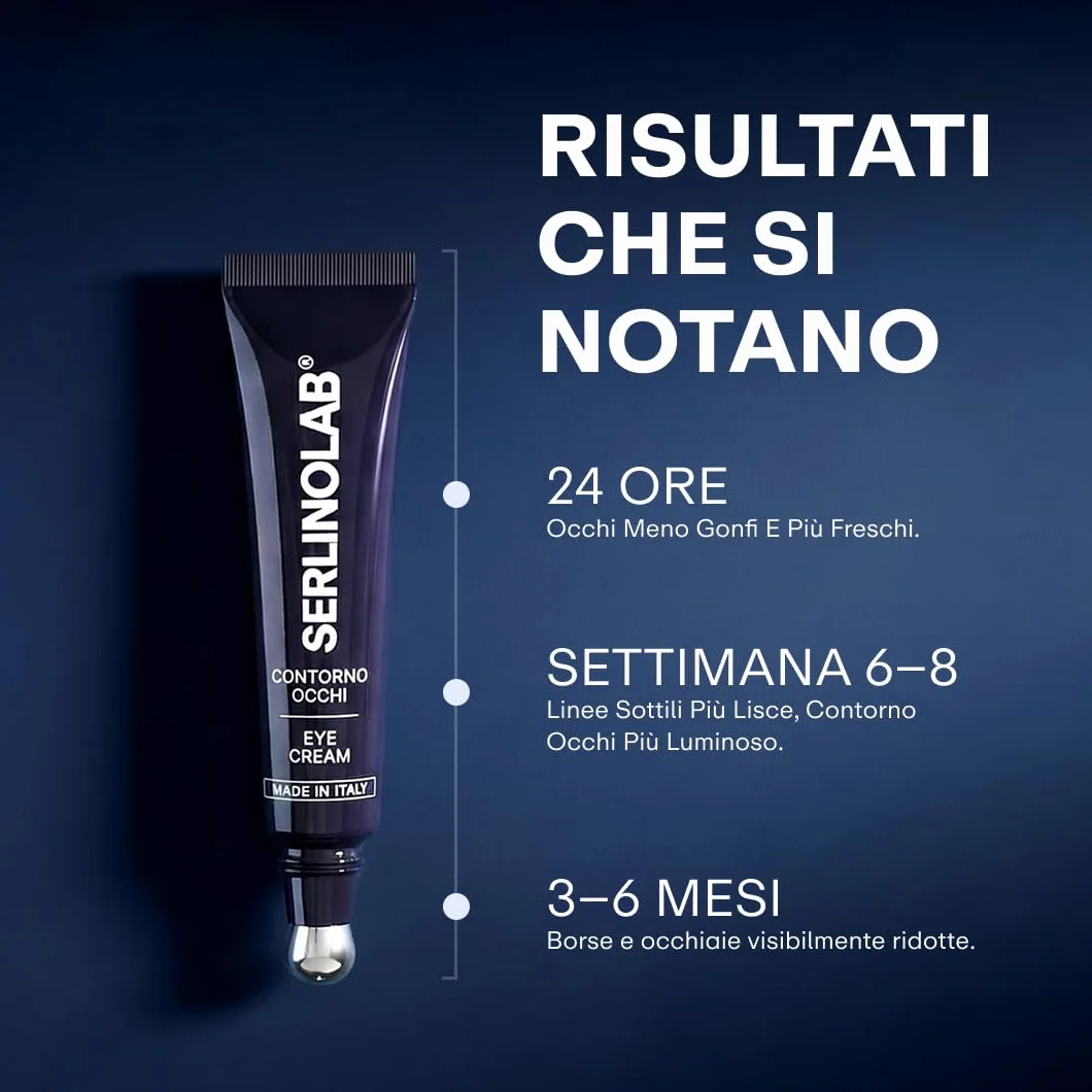 SERLINOLAB Contorno Occhi uomo,Crema Anti Borse, Occhiaie e Rughe con Acido Ialuronico, Caffeina e Argilerine, Trattamento Sguardo Fresco e Riposato, 15ml