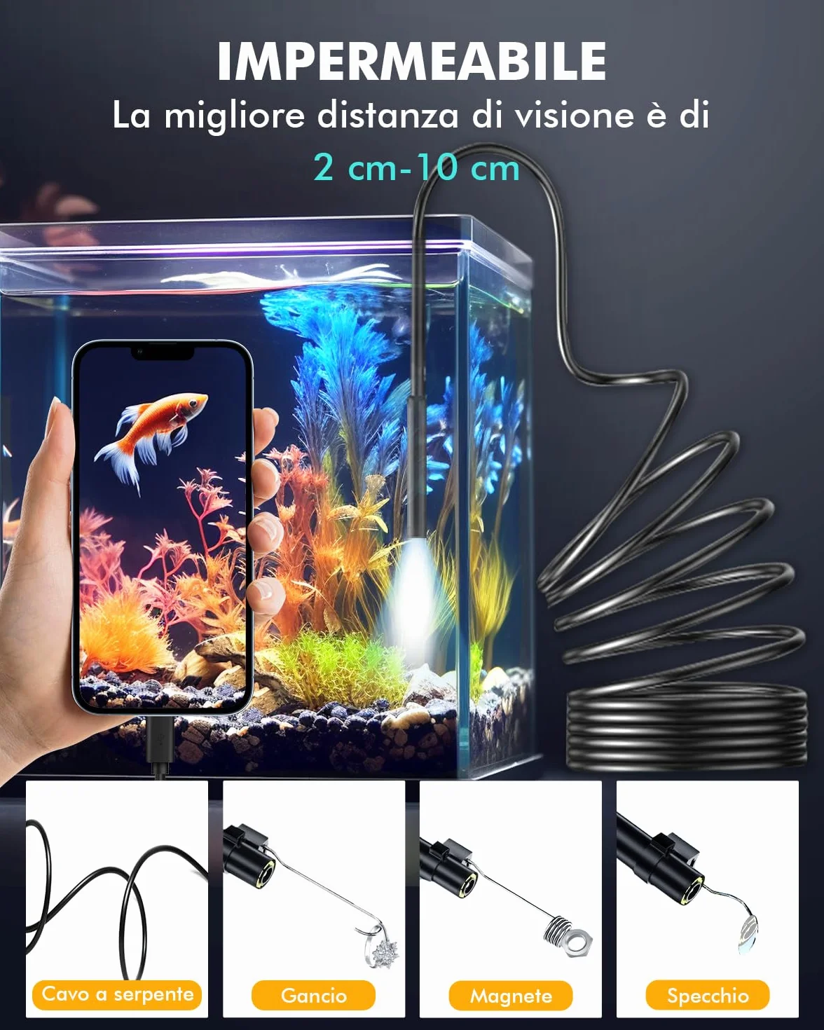 Endoscopio HD 1920P per Smartphone con Sonda Semirigida Impermeabile 8 LED 5M Android iOS iPad