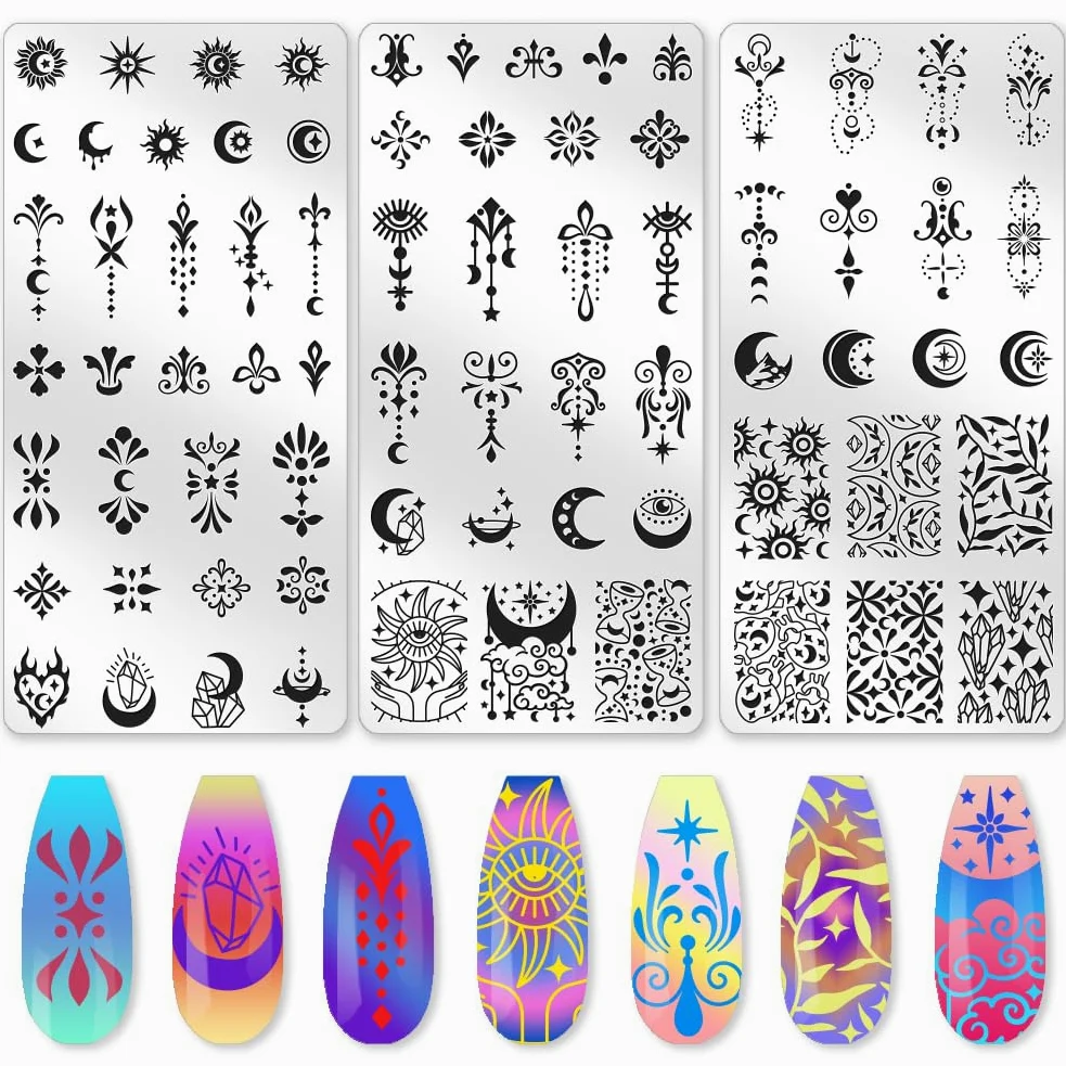 Set di 3 piastre per timbratura per unghie a forma di luna, stelle, sole, meteore, boemia, in acciaio inossidabile, modelli di timbri per unghie in silicone trasparente con raschietto per