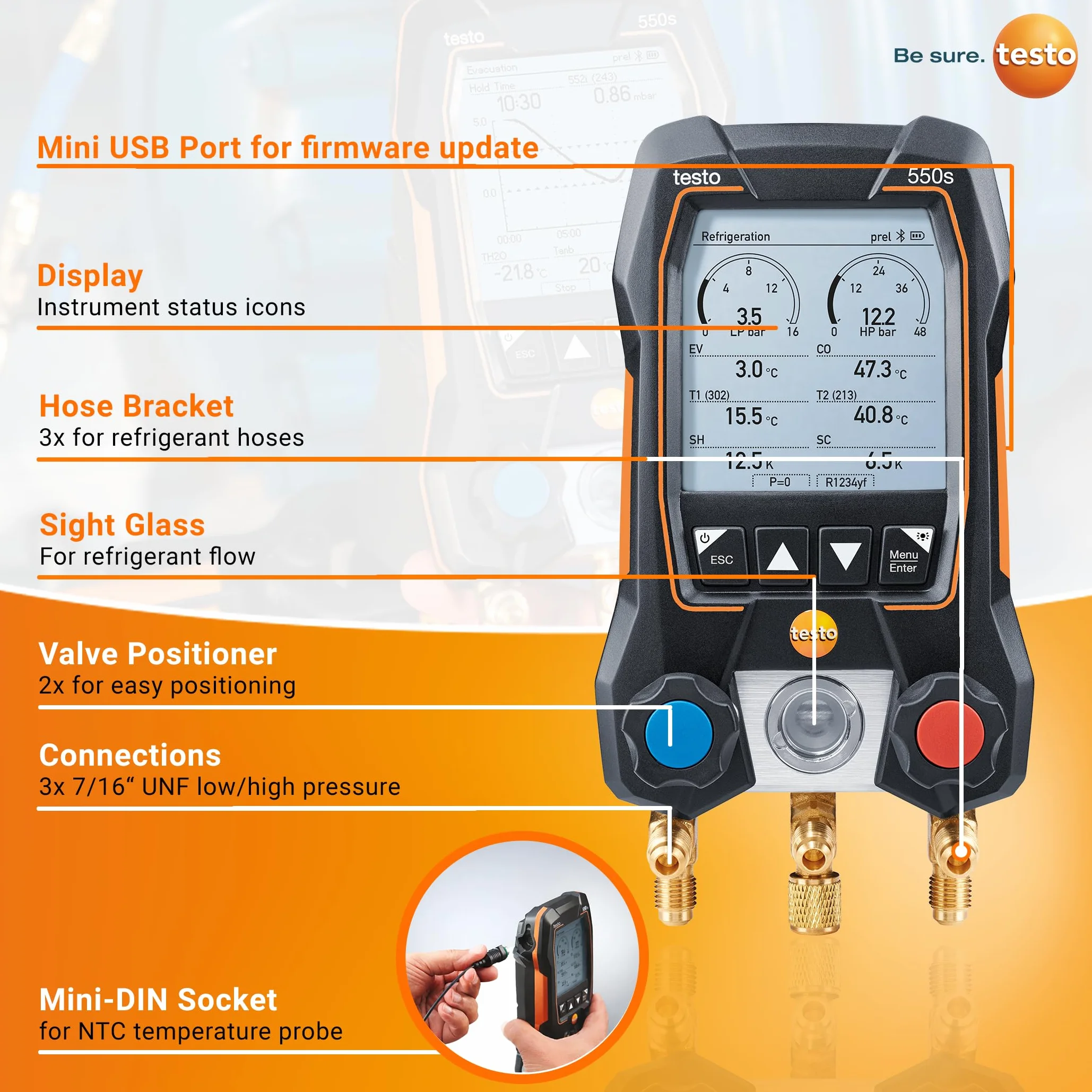 Testo 550s Kit HVAC Digital Manifold with App, 2x Testo 115i Thermometers, 1x Testo 552i Micron Meter, 3 Hose Set, Bluetooth, Black