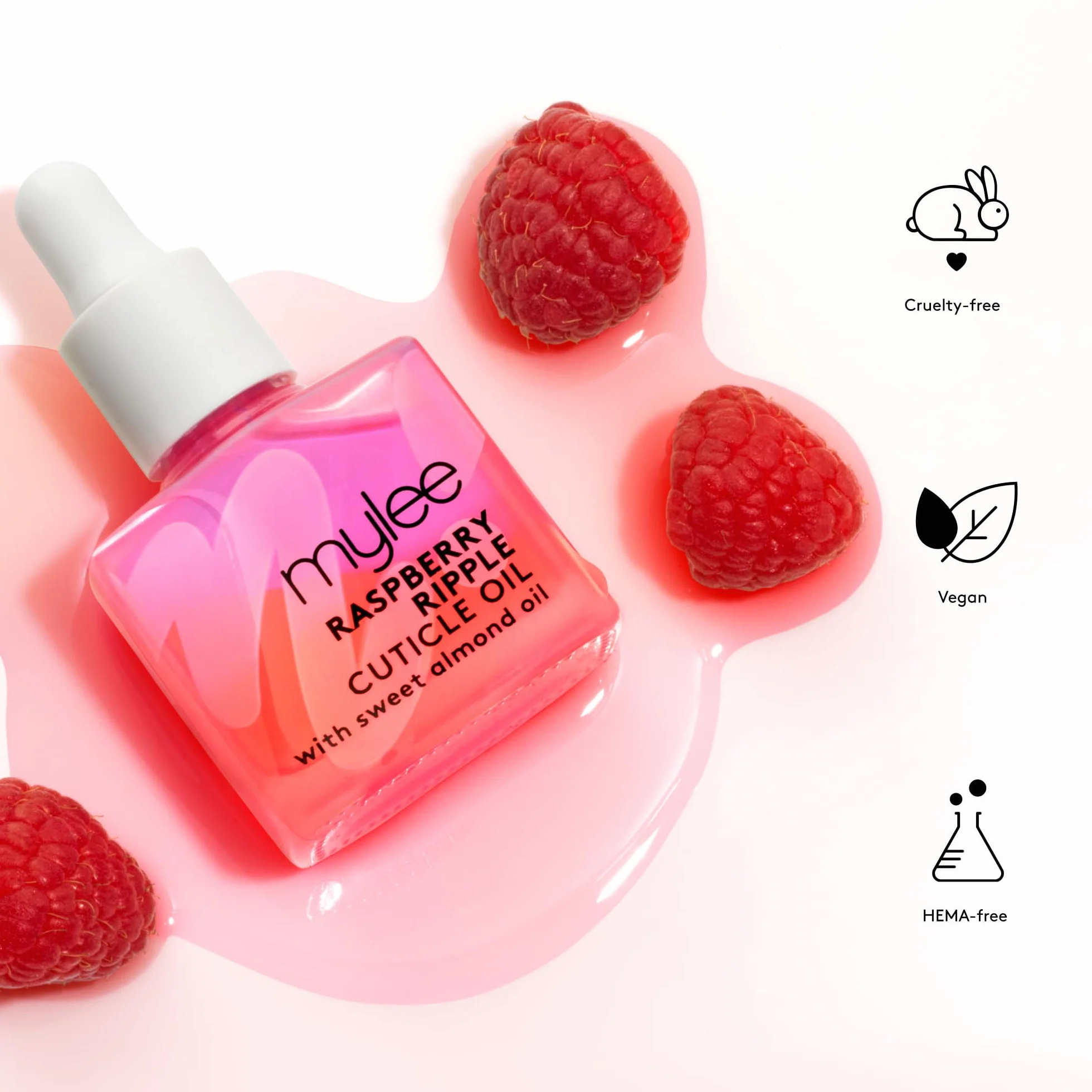 Mylee Olio per Cuticole Raspberry Ripple 10ml - Formula Nutriente Bi-Fase con Oli di Mandorle Dolci, Macadamia e Jojoba - Idrata e Rigenera le Unghie - Vegan e Senza Crudeltà