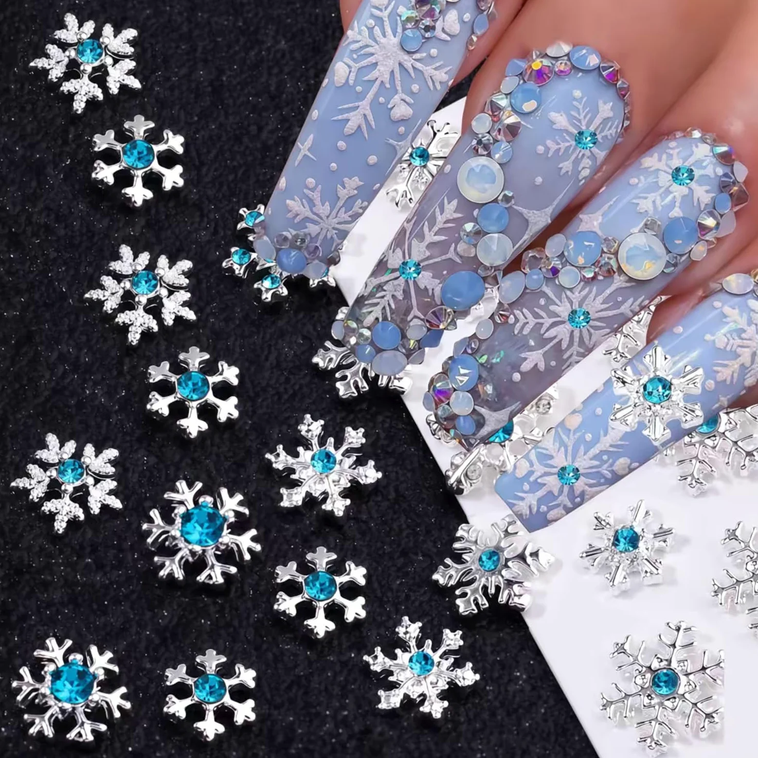 20 ciondoli per unghie a forma di fiocco di neve, argento lucido, blu, inverno, Natale, fiocco di neve, strass, design fiocchi di neve, ciondoli per unghie acriliche, unghie di Natale, gioielli per
