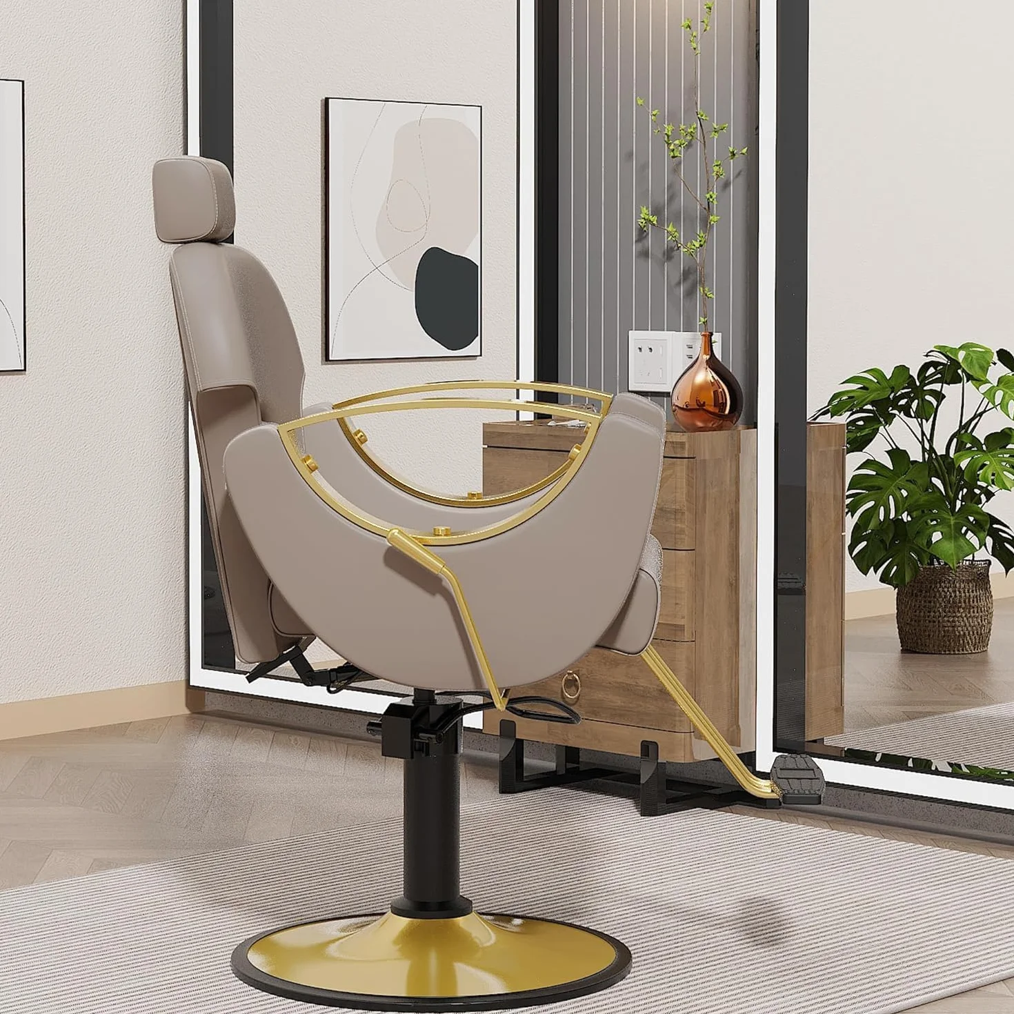 Poltrona da Parrucchiere Sedia da Barbiere Reclinabile 90°-135° con Regolabile Poggiatesta Schienale Altezza,Girevole a 360°,per Parrucchiere Salone di Bellezza Tatuaggi (Beige)