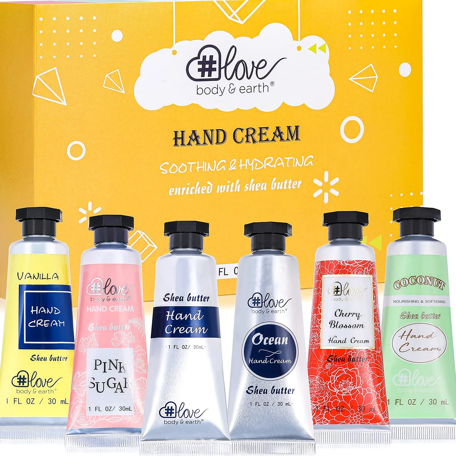 Crema Mani al Burro di Karitè per Donna，Confezione 6 PCS x 30 ml, Creme Mani Set di Riparazione Avanzata per Pelle Secca e Ruvide, 6 Profumi Naturali, Idee Regali Natale Compleanno per Ragazza e Mamma