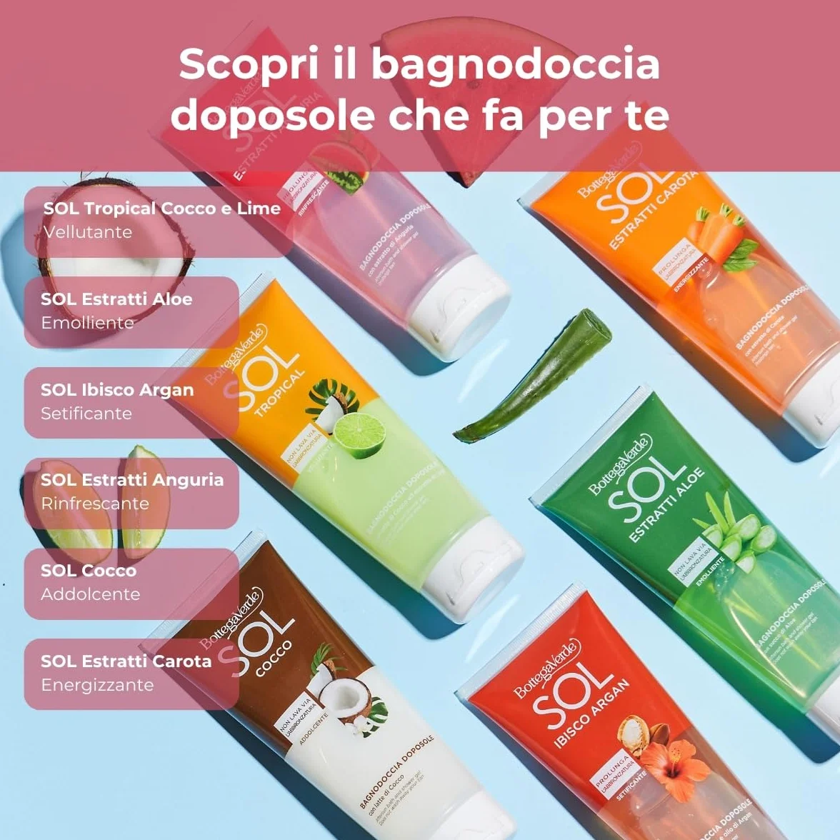 Bottega Verde - SOL Estratti Anguria, Bagnodoccia Doposole, 200 ml, Prolunga l'Abbronzatura, con Estratto di Anguria, Azione Rinfrescante, per Tutti i Tipi di Pelle