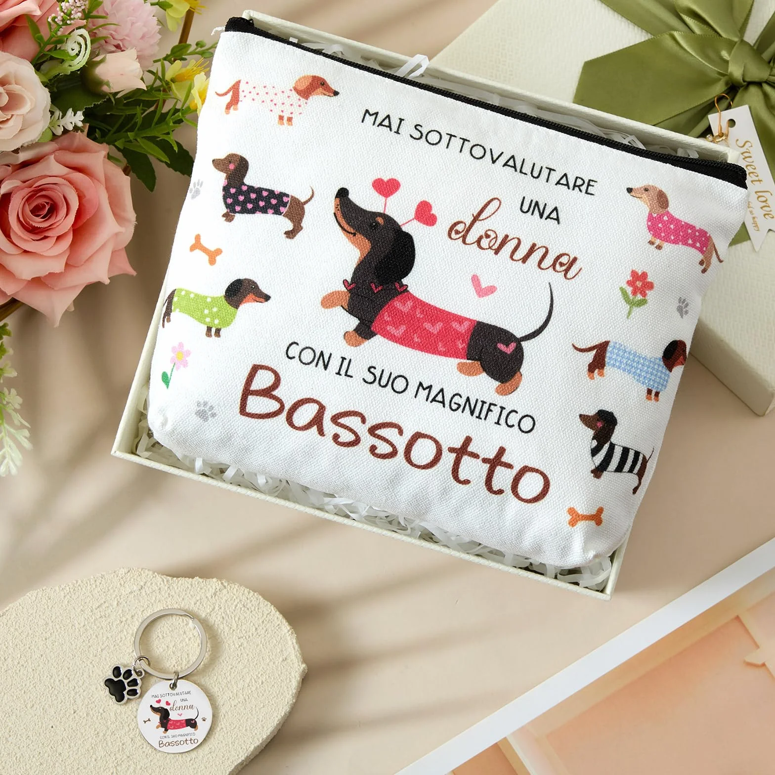 Xuniea Set Regalo Bassotto per Donna Borsa per Cosmetici con Cerniera di Bassotto Multifunzionale Grande Capacità Portachiavi Ideale per Viaggio Compleanno Natale Amica Fidanzata