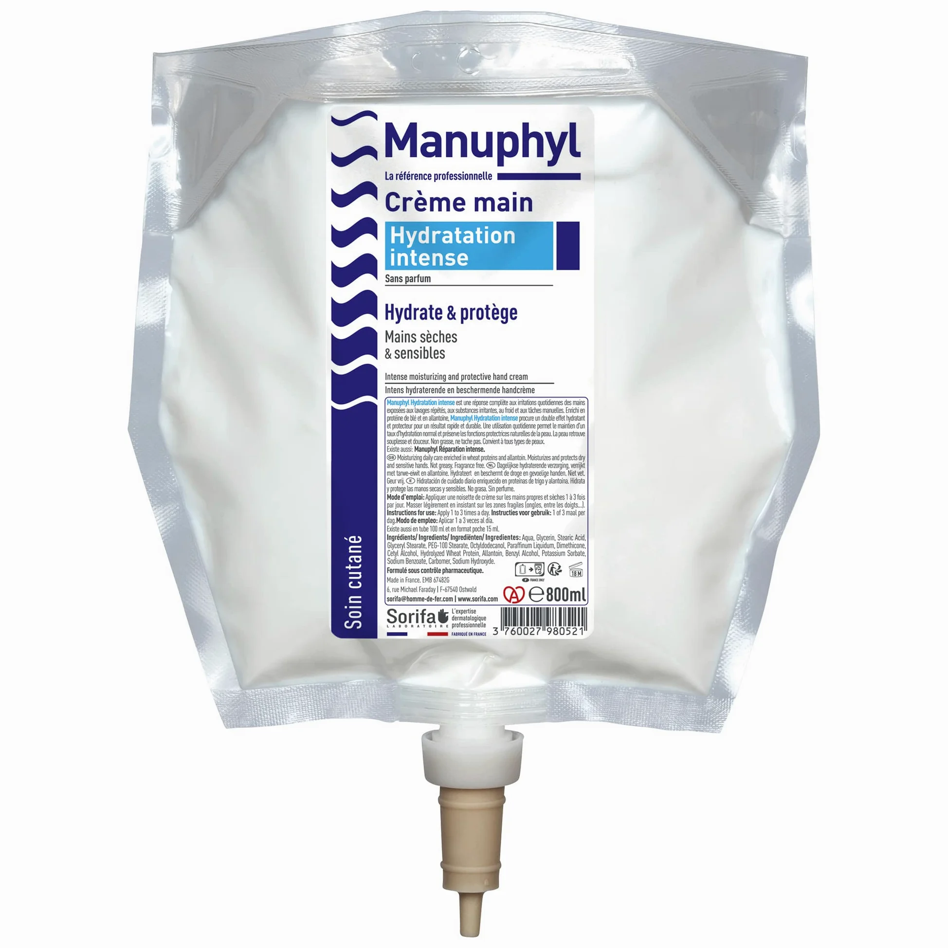 Set di 3 mani Manuphyl Crema Idratazione Intensa - Idratante e protettivo - Mani secche e sensibili - Non grassa, senza profumo, arricchito con allantoine e proteine del grano - Tasca 800 ml