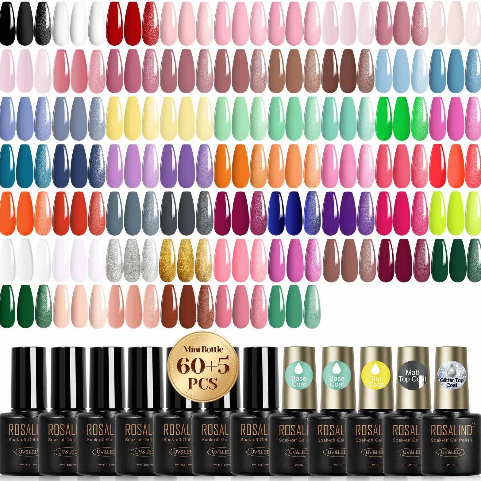 ROSALIND Smalto Semipermanente Unghie 65 Pezzi Rosa Giallo Blu Verde Viola | Colori Smalti Semipermanenti per Unghie Rosso Nero Grigio Marrone, UV/LED Mini Smalto Gel Manicure Regalo
