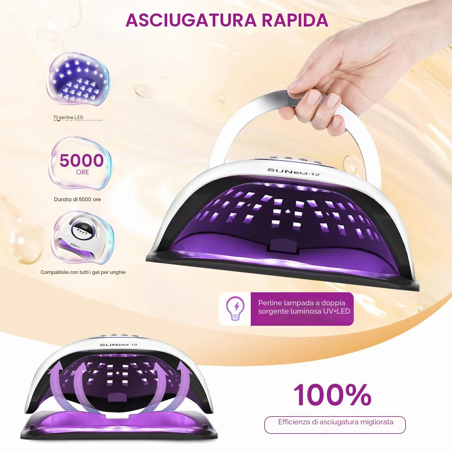 Lampada per unghie UV LED da 300 W, asciuga unghie professionale, smalto gel, luce UV per unghie con 72 perline, 4 impostazioni timer, sensore automatico, display LCD
