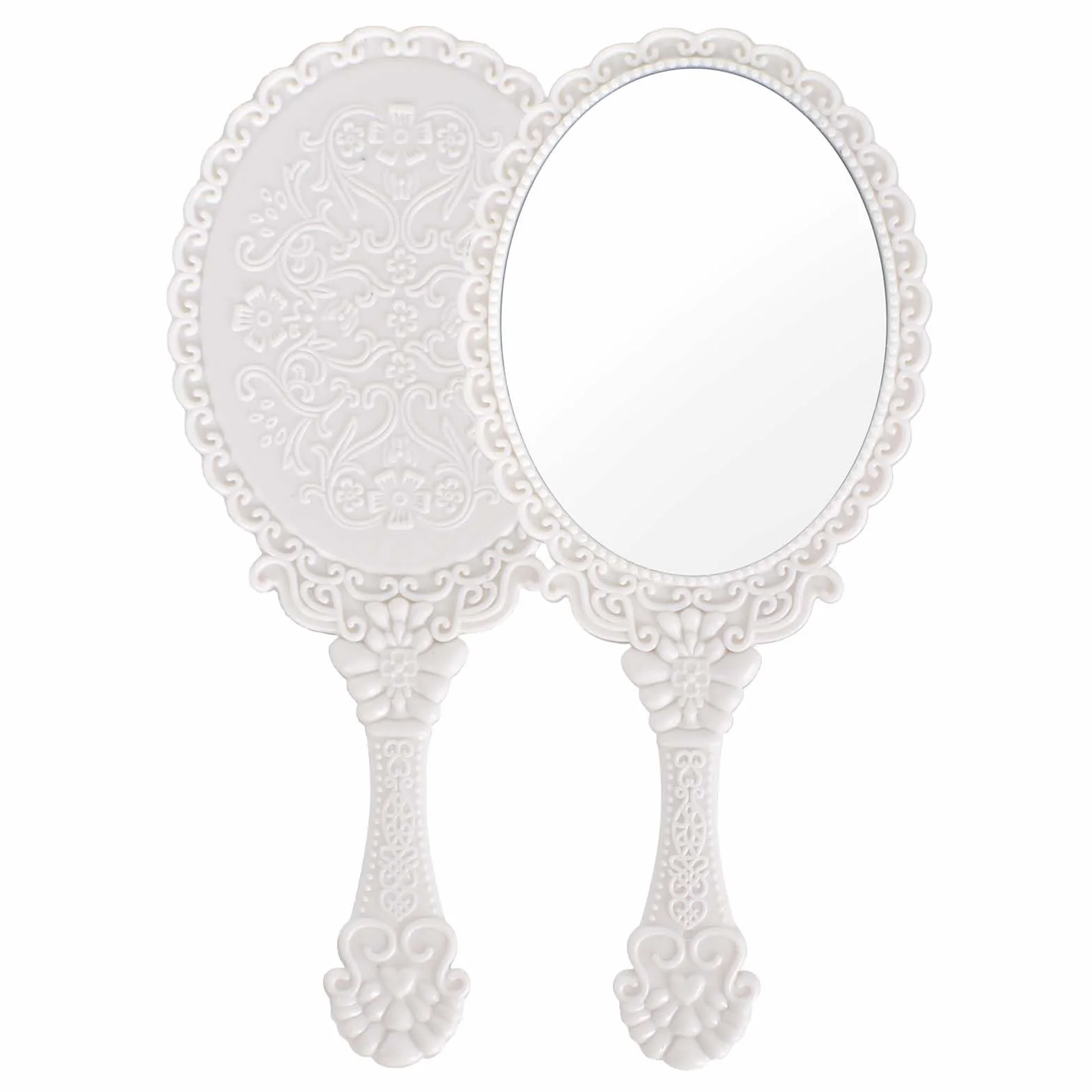 Specchio con Manico,Specchio Portatile Professionale,Specchio Barbiere con Comoda Maniglia,Specchio Cosmetico Forma Rotonda,Sostenibile e Durevole,Perfetto per Radersi o Applicare il Trucco (Bianco)