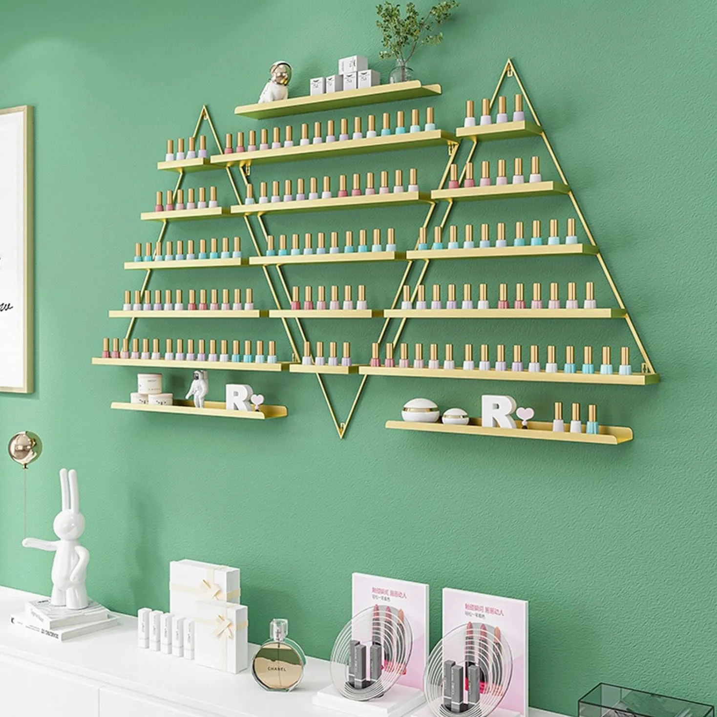 Set di 3 scaffalature triangoli metallo, organizer parete 5 livelli, contenitore unghie, profumo, rossetto, oli essenziali