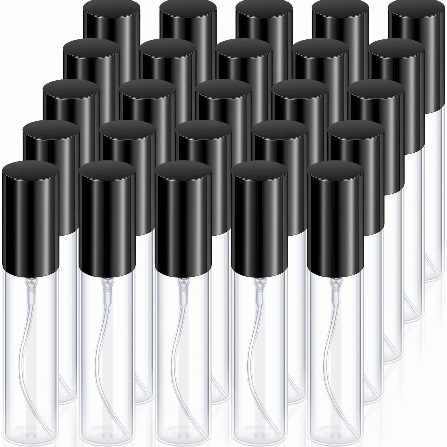 Yinder 25 flaconi spray da viaggio per profumo, vuoti, ricaricabili, vuoti, per profumo, in vetro, trasparenti, portatili, per viaggi (nero, 10 ml)