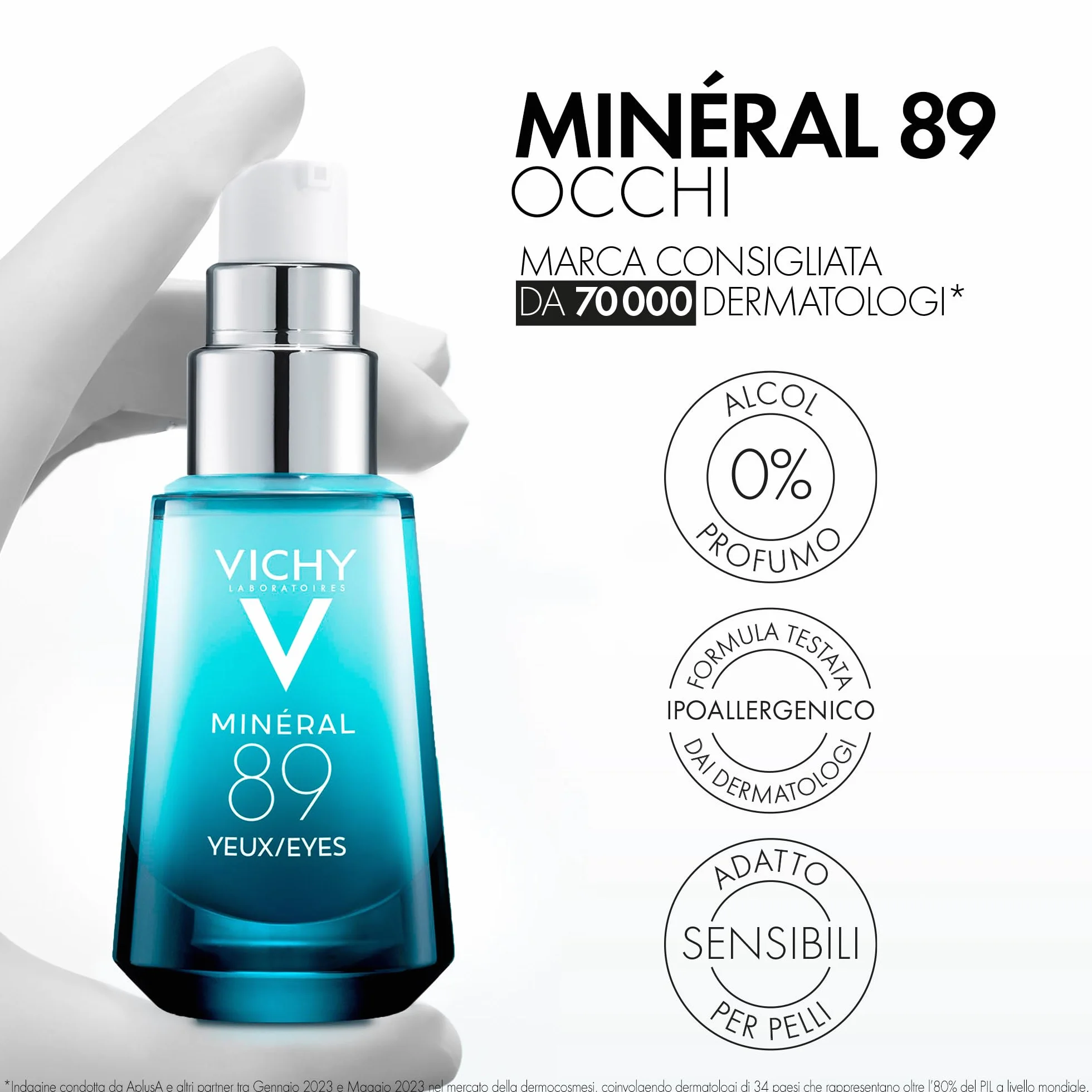 Vichy Minéral 89, Gel Occhi Fortificante, Per Tutti i Tipi di Pelle, 8H di Idratazione, Riduce Borse, Occhiaie e Linee Sottili, Con Caffeina, Acido Ialuronico e Acqua Vulcanica, 15 ml