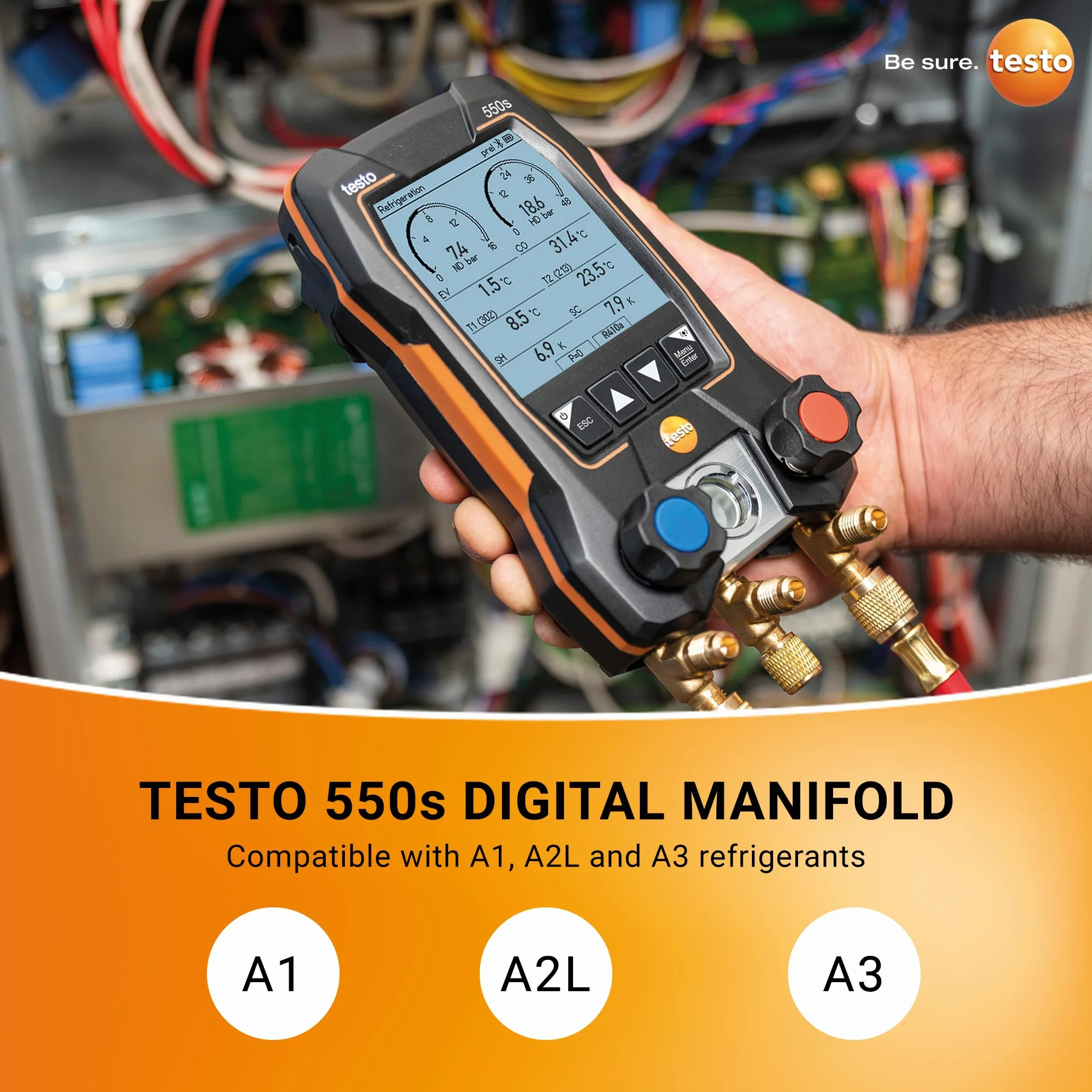 Testo 550s Kit HVAC Digital Manifold with App, 2x Testo 115i Thermometers, 1x Testo 552i Micron Meter, 3 Hose Set, Bluetooth, Black