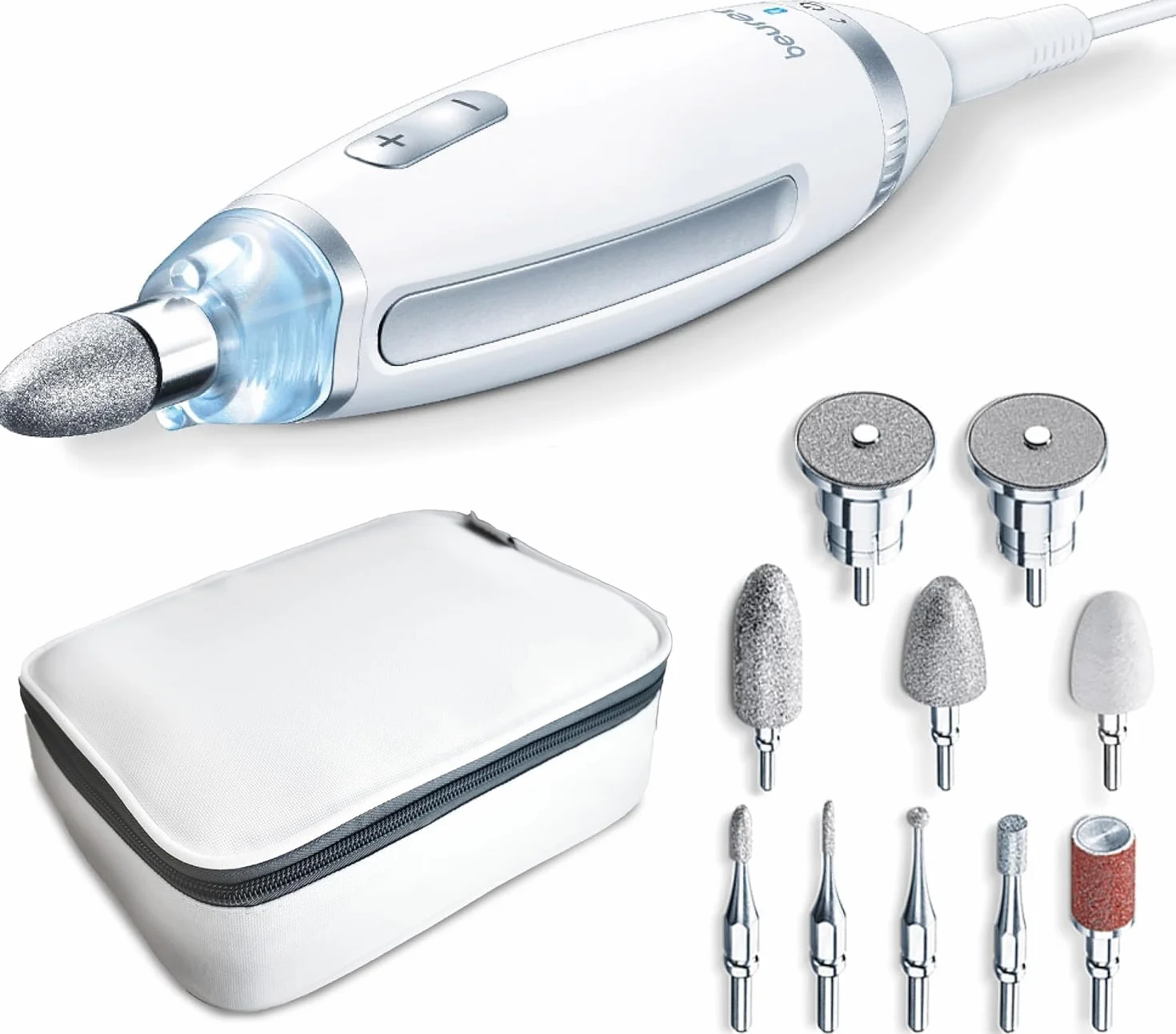 Beurer MP 62 Fresa Professionale Manicure Pedicure 5400 giri/min 10 Accessori Feltro Zaffiro Luce LED Velocità Regolabile Custodia Bianco