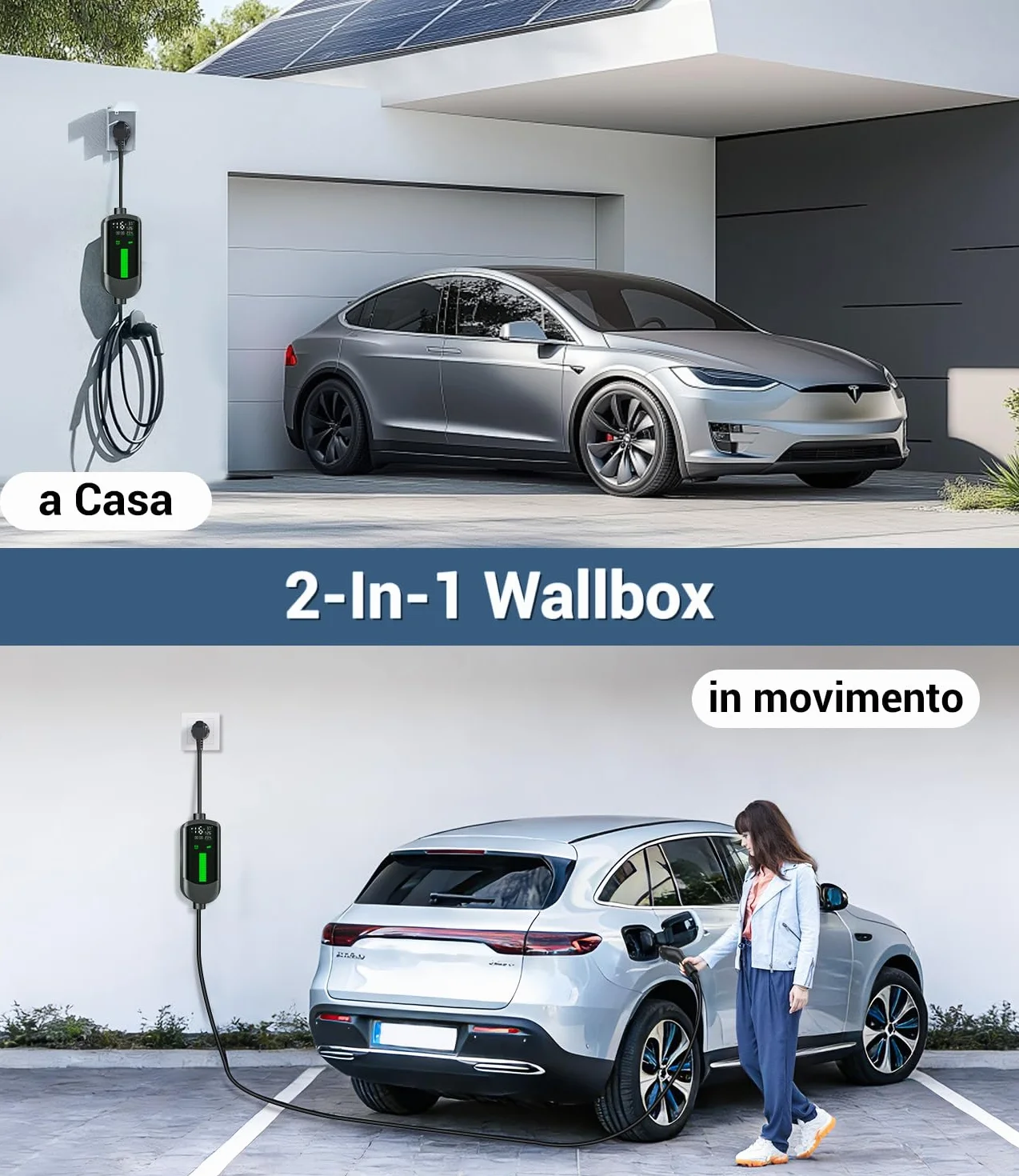 Colonnina Ricarica Auto Elettrica Wallbox 3,7kW 7M 6-16A Portatile LCD IP65 IEC 62196-2