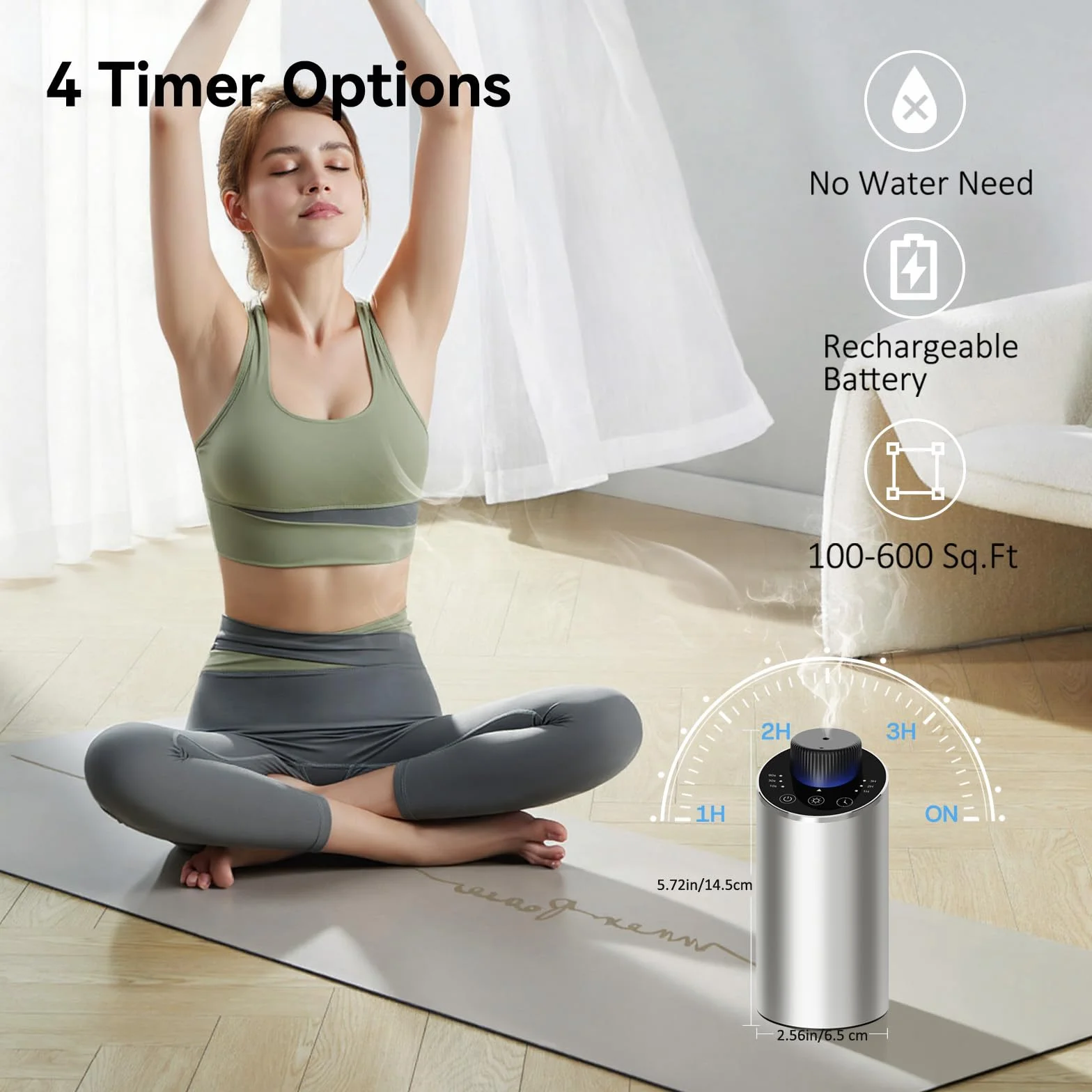 Diffusore oli essenziali per Auto Ufficio Casa Mini Aroma Batteria 4 Timer 3 Livelli Nebbia Argento