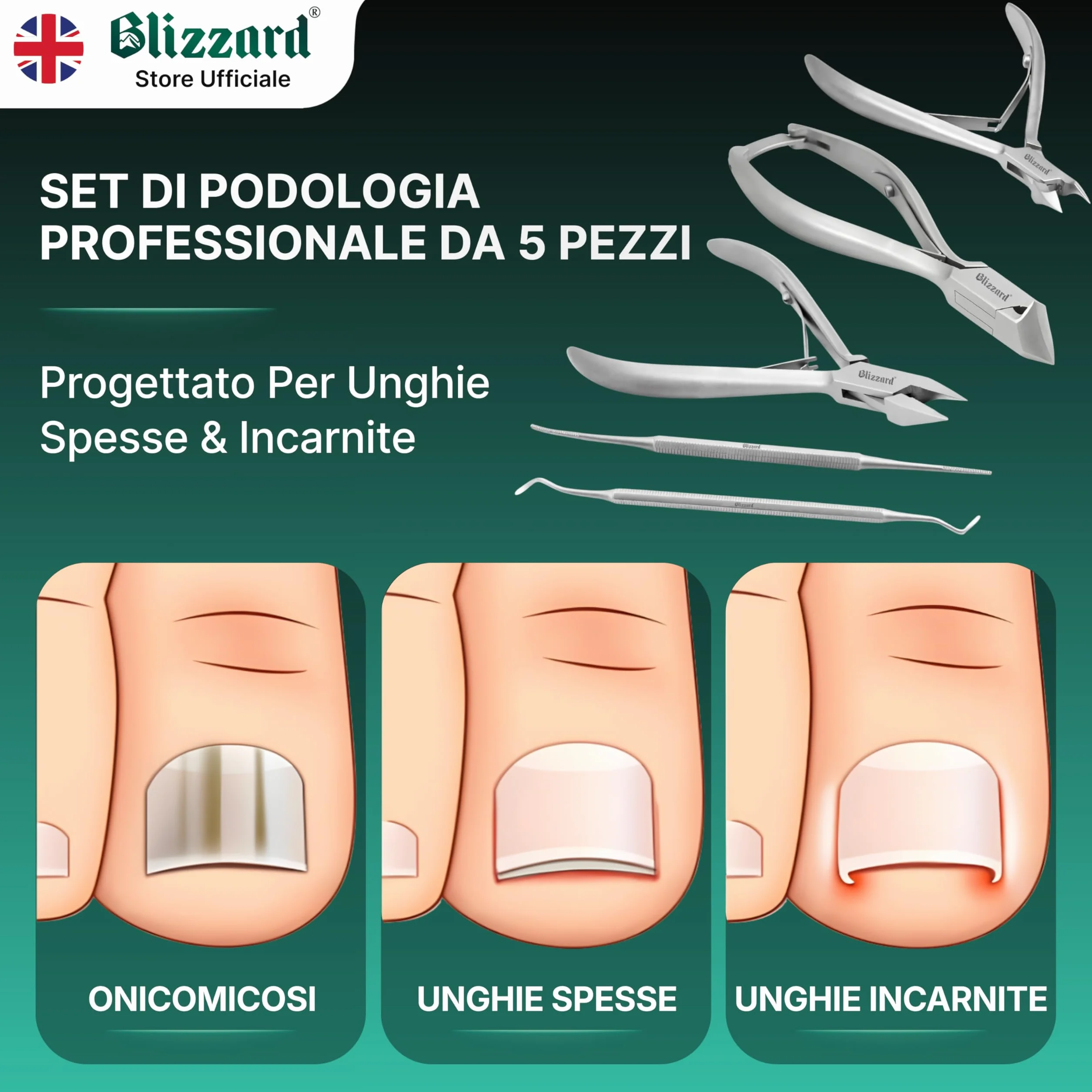 Blizzard Set Podologia 5 Pezzi Acciaio Inox - Kit Pedicure Unghie Spesse e Incarnite
