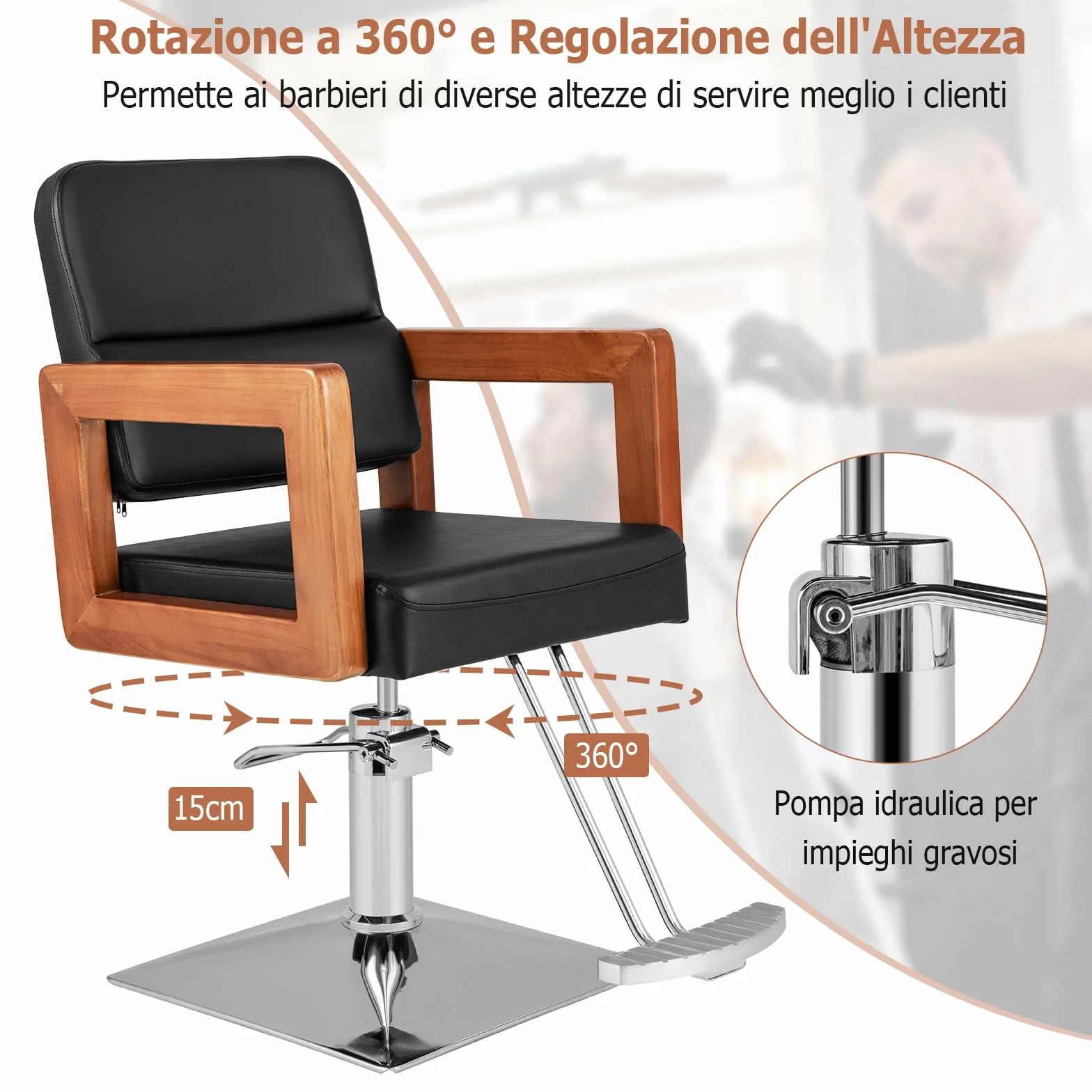 COSTWAY Poltrona da Barbiere, Sedia da Barbiere Girevole a 360°, Regolabile in Altezza 50-65 cm, con Braccioli in Legno Massello, Portata 250 kg