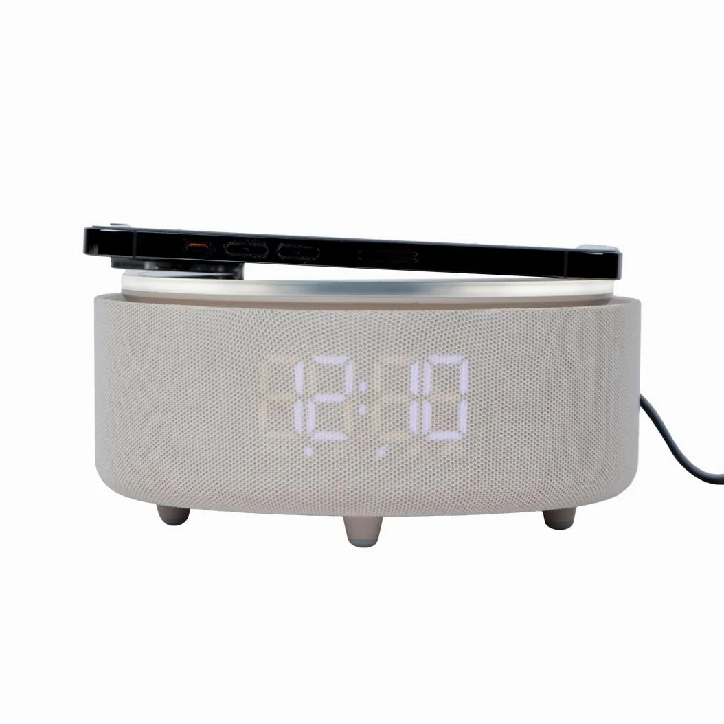 Make Up Specchio LED da Tavolo con Luce Dimmerabile, Ricarica Wireless Qi, Cassa Bluetooth e Orologio Digitale, Specchio Beauty per Trucco e Skincare (Beige)