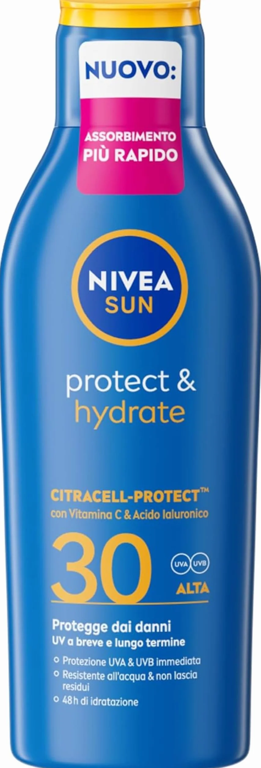 NIVEA SUN Protect & Hydrate SPF 30 200 ml, Crema solare 30 idratante 48h ad assorbimento rapido, Protezione solare 30 resistente all'acqua arricchita con Vitamina C e Acido Ialuronico