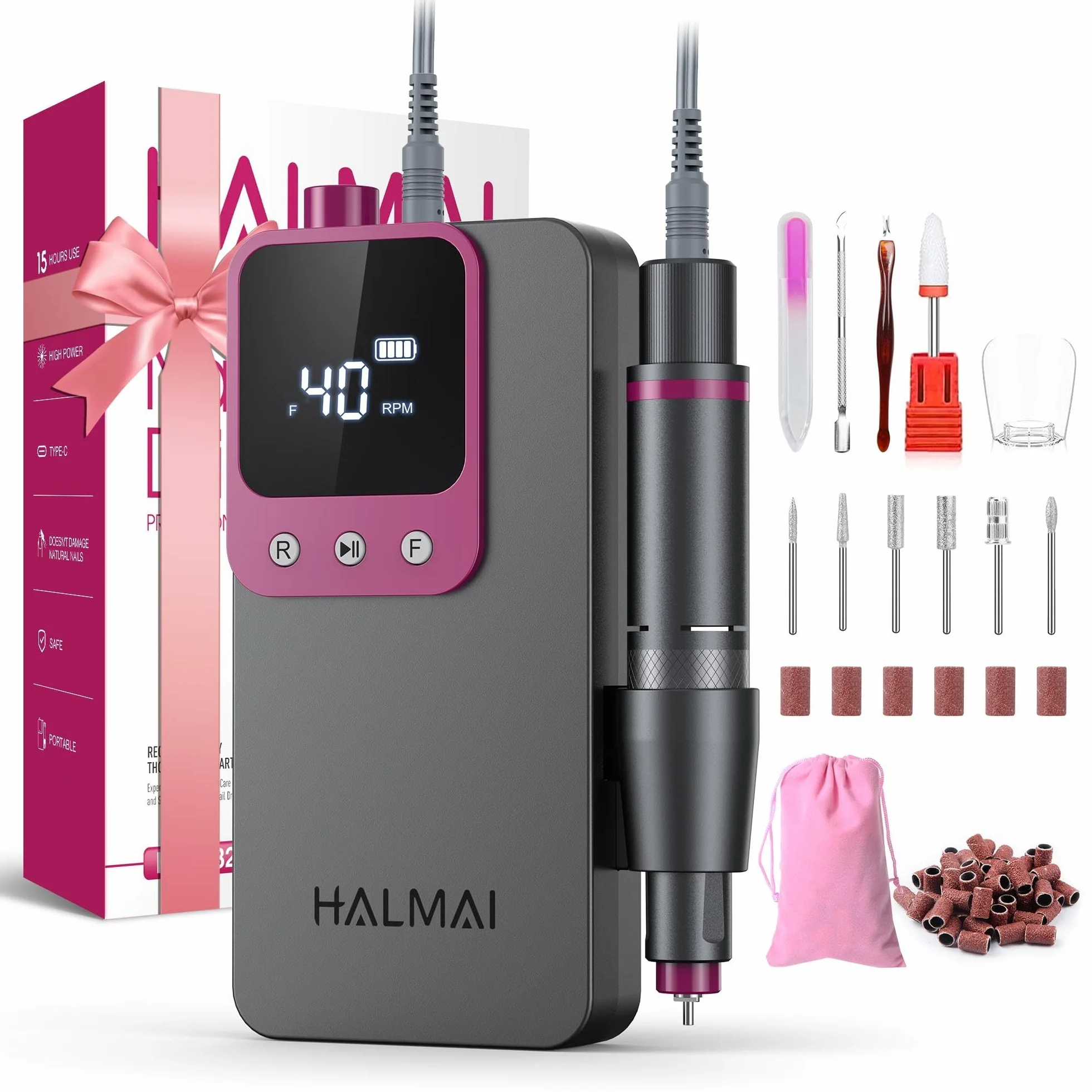 HMC320 Fresa per Unghie Professionale Ricaricabile 40000 Giri/min Kit Limetta Portatile Grigio Scuro