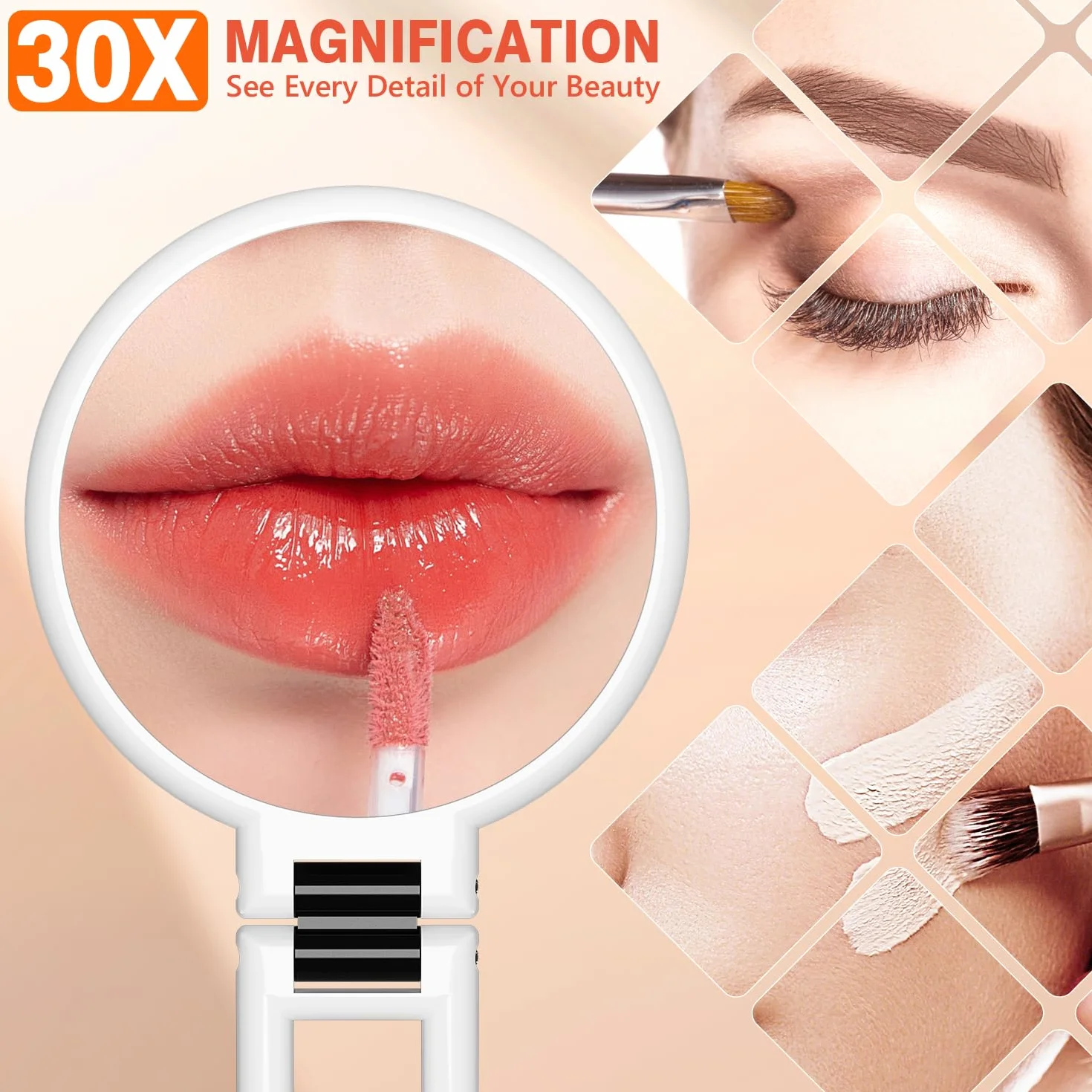 Auxmir Specchio Ingranditore Bifacciale 30X/1X, a Mano 14CM, Alta Definizione, Portatile, Pieghevole, Appendibile, da Viaggio per Trucco, Cura del Viso, Bianco