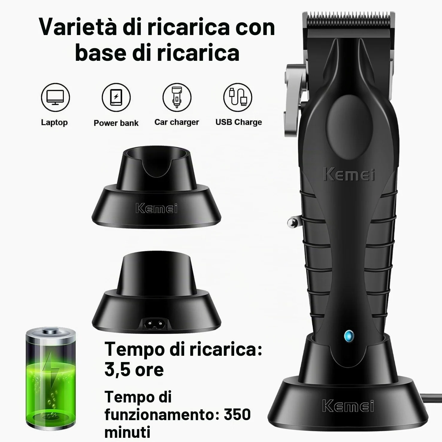 KEMEI 2296 - Tagliacapelli professionale uomo, senza fili, ricaricabile USB, 350 minuti, 8 pettini guida