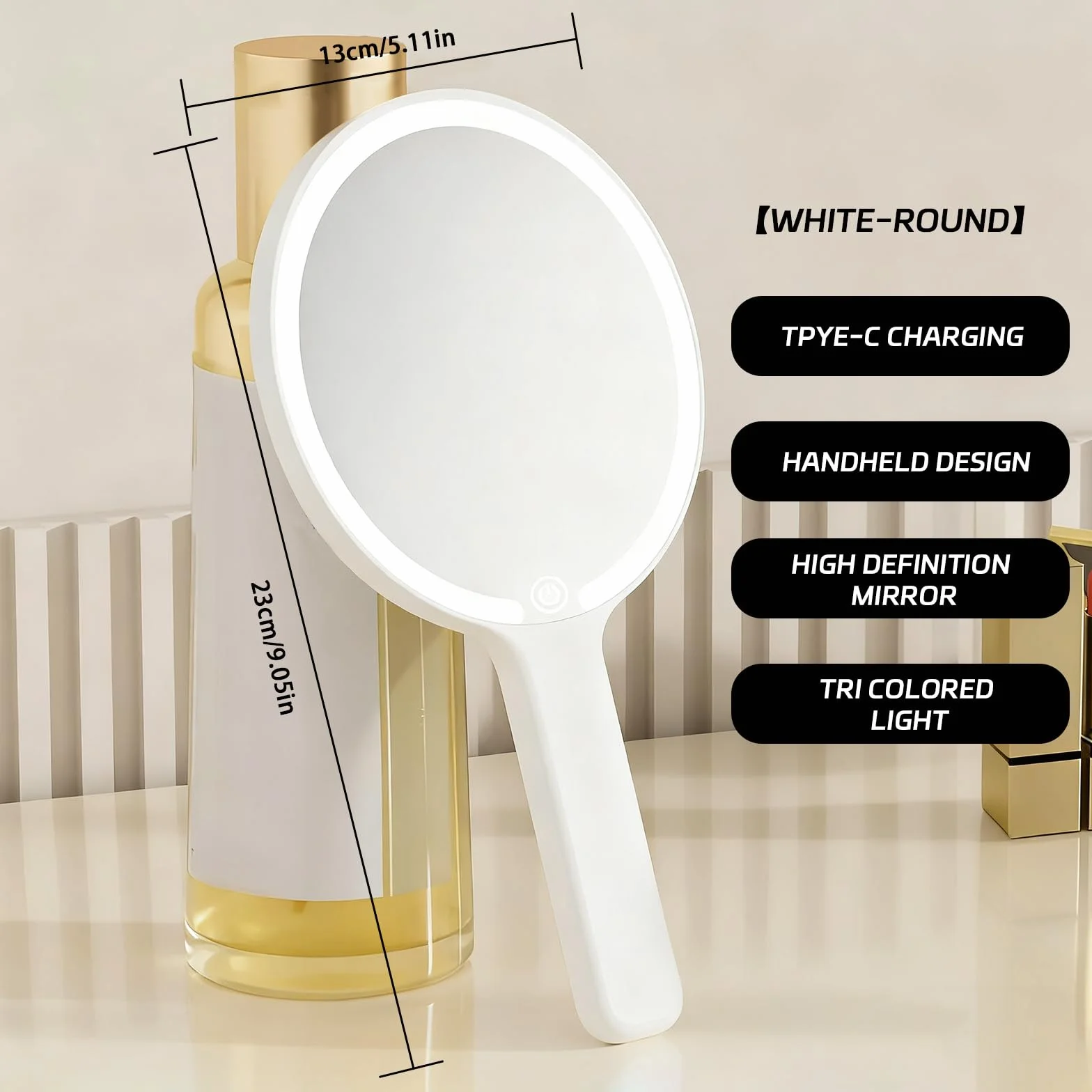 Specchio a Mano con Luce, Specchio da Trucco Ricaricabile Portatile, Interruttore Tocco, 3 Colori Chiari