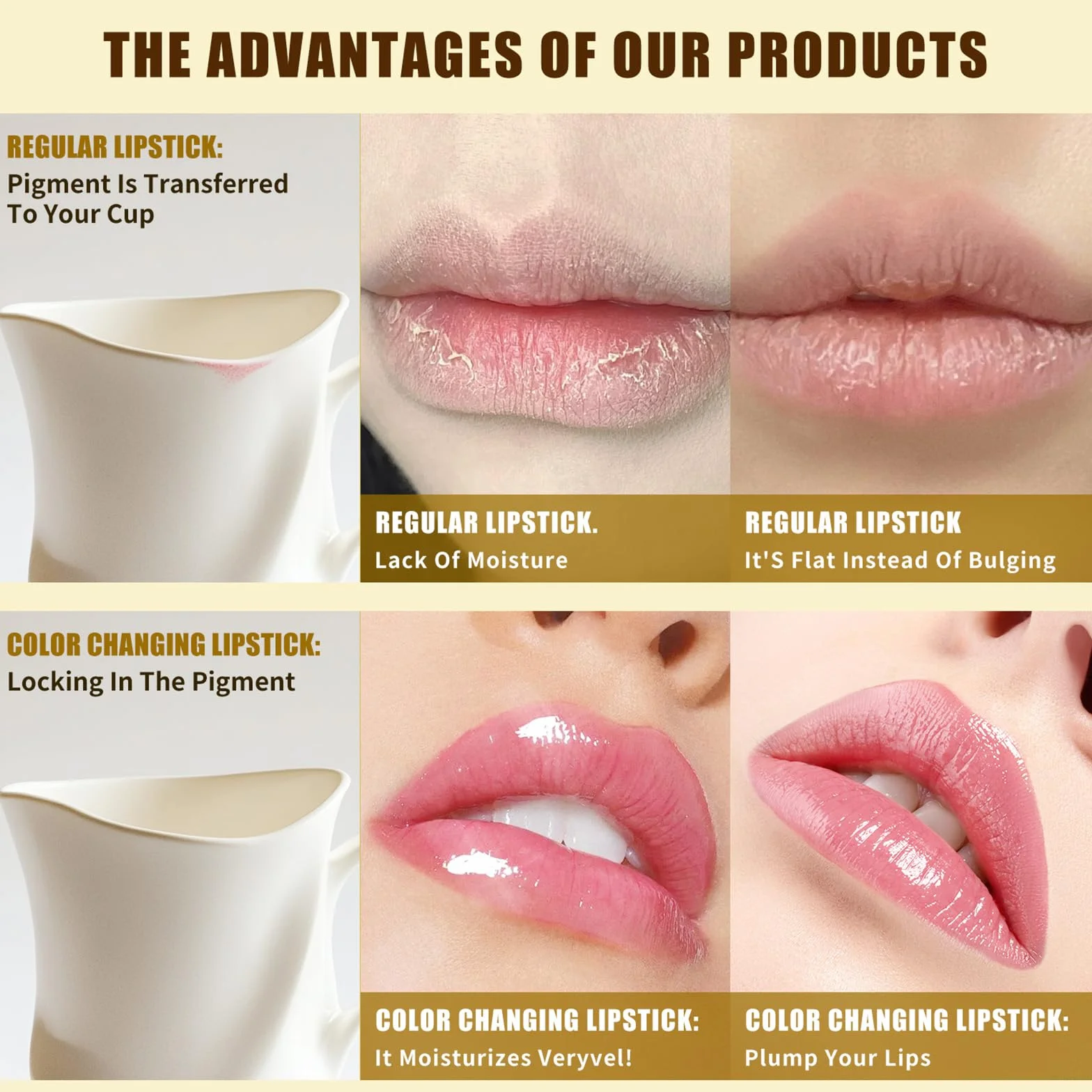 2 Pcs Reveline Rossetto Adattivo, Rossetto PH Reagente, Foglia Gold Lipstick Color-Changing, Cura delle labbra, Burrocacao Idratante, Tenuta 24 ore, PH Temperature Lip Balm
