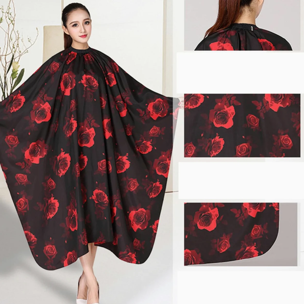 ifundom Mantellina Traspirante per Taglio Chioma 2 Pezzi Motivo a Rose Rossa in Poliestere Pongee Mantello da Parrucchiere per Acconciature a Casa