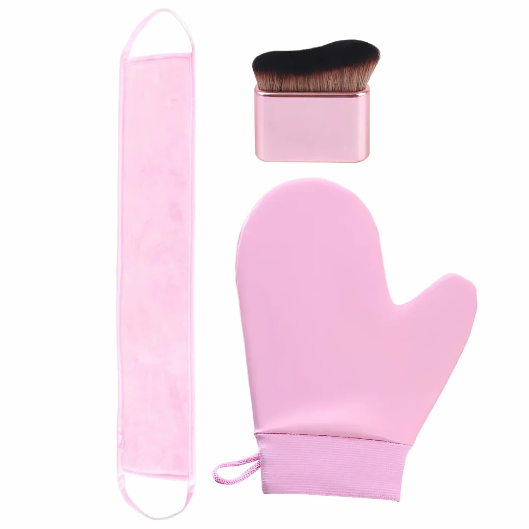 Guanti Autoabbronzante 3 Pezzi Applicatore Crema Faccia Corpo Riutilizzabili Abbronzatura Uniforme Naturale Rosa