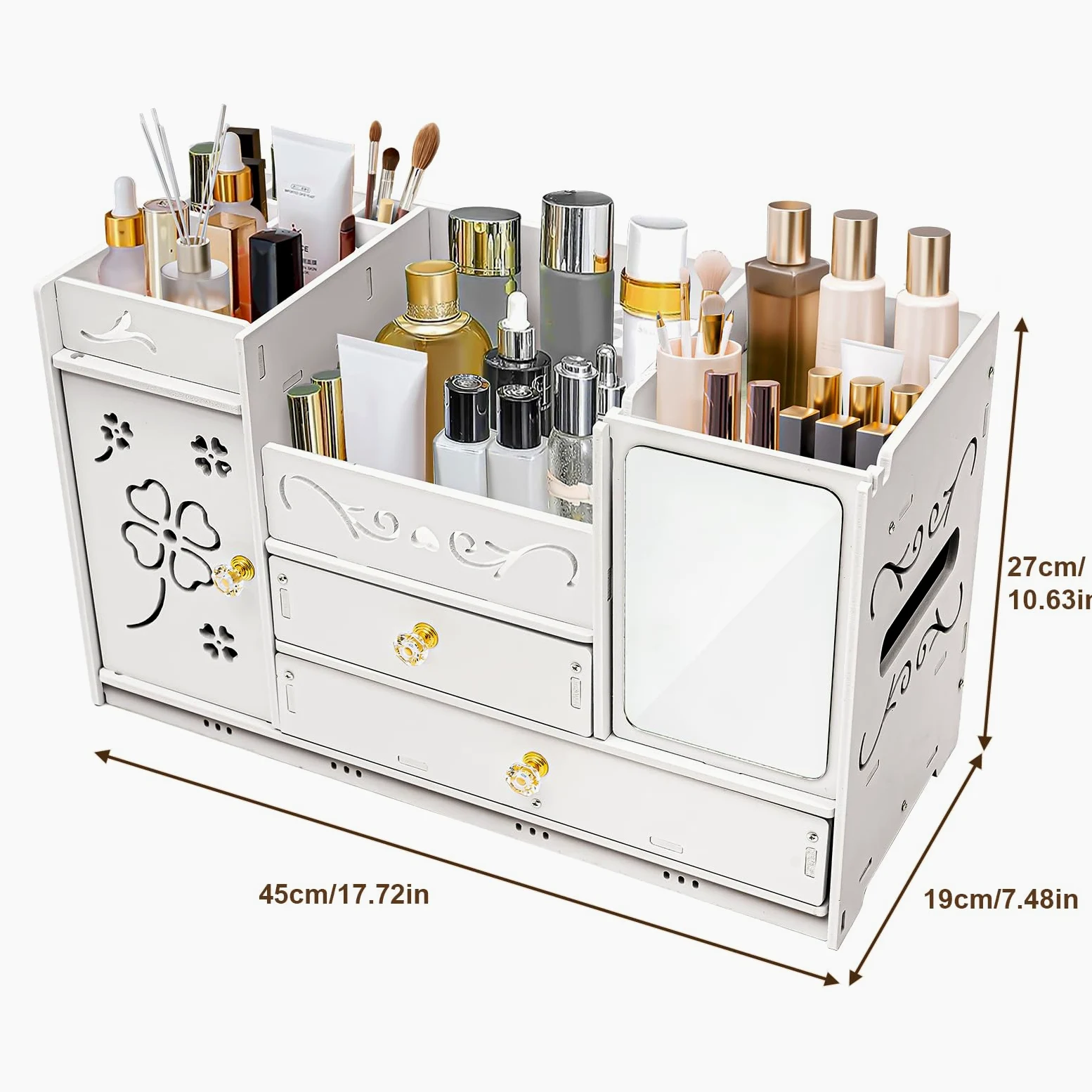Organizer per trucchi con 3 cassetti - Scatola cosmetica con suddivisione (1/2, 1/3, 1/4) per rossetti, pennelli e creme, contenitore stabile per tavolo da toeletta, bagno