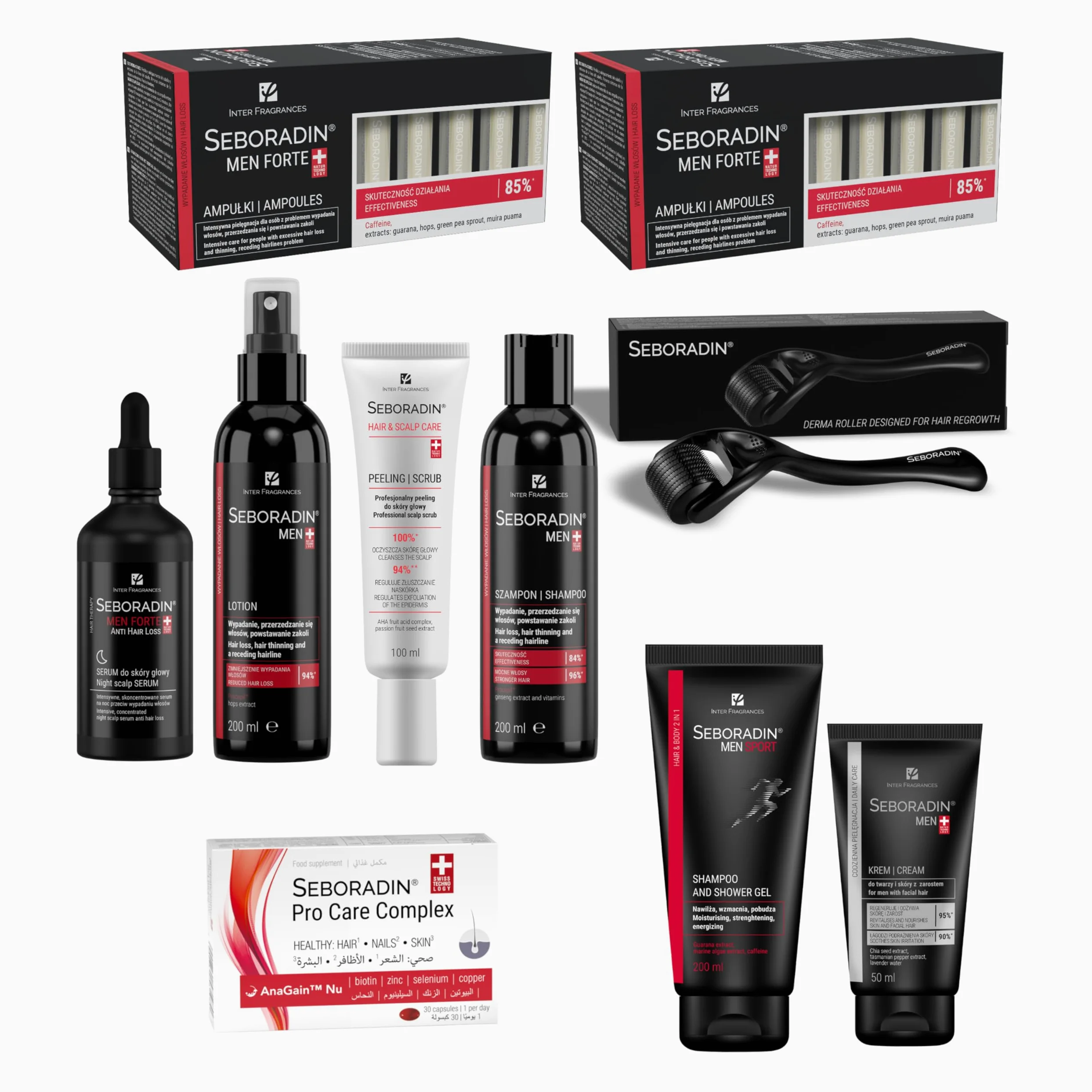 Seboradin PRO Uomo – Fiale, Derma Roller, Siero Notte, Shampoo, Lozione | Scrub Pelle Capelli, Crema Viso, Gel Doccia 2in1, Pro Care Complex – linea uomo anticaduta
